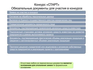Конкурс «СТАРТ»
Обязательные документы для участия в конкурсе
Заявка на участие в конкурсе
Согласие на обработку персональных данных
Выписка из Единого государственного реестра юридических лиц
Документы, подтверждающие привлечение денежных средств инвестора:
Подписанный сторонами договор вложения средств инвестора на развитие
предприятия в рамках выполняемого проекта
Документы, подтверждающие фактические объемы реализации продукции и
сведения о запланированных объемах реализации продукции
Отсутствие любого из перечисленных документов является
основанием для отклонения заявки по формальным
основаниям
Учредительные документы юридического лица
Протокол решения учредителей или акционеров о вложении собственных
средств предприятия в реализацию проекта с приложениями
 