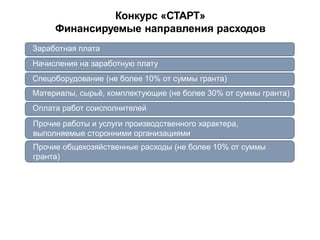 Конкурс «СТАРТ»
Финансируемые направления расходов
Заработная плата
Начисления на заработную плату
Спецоборудование (не более 10% от суммы гранта)
Материалы, сырьё, комплектующие (не более 30% от суммы гранта)
Оплата работ соисполнителей
Прочие работы и услуги производственного характера,
выполняемые сторонними организациями
Прочие общехозяйственные расходы (не более 10% от суммы
гранта)
 