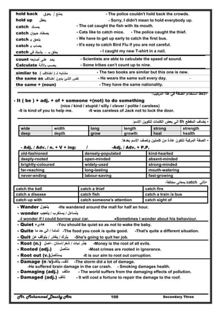Mr. Mohammed Deushy Ata Secondary Three100
hold back ‫ﻳﻣﻧ‬‫ـ‬‫ﻊ‬/‫ﻳﻌ‬‫ـ‬‫وق‬ - The police couldn't hold back the crowds.
hold up ‫ﻳﻌطﻝ‬ - Sorry, I didn't mean to hold everybody up.
catch ‫ﻳﻣﺳـك‬ - The cat caught the fish with its mouth.
catch ‫ﻳﺻطـﺎد‬‫ان‬‫و‬‫ﺣﻳـ‬ - Cats like to catch mice. - The police caught the thief.
catch ‫ﻳﻠﺣـق‬‫ﺑـ‬ - We have to get up early to catch the first bus.
catch ‫ﻳﺻـﺎب‬‫ﺑـ‬ - It's easy to catch Bird Flu if you are not careful.
catch ‫ـ‬ ‫ﺑـ‬ ‫ﻳﻌـﻠق‬‫ﻳﺷﺑـك‬‫ﻓﻲ‬ - I caught my new T-shirt in a nail.
count ‫ﻳﻌـ‬‫ـ‬‫د‬‫ﻋﻠـﻰ‬‫أﺻﺎﺑﻌﻪ‬ - Scientists are able to calculate the speed of sound.
Calculate ‫ﻳﺣﺳـب‬‫ﺑﺎﻵﻟـﺔ‬ - Some tribes can’t count up to nine.
similar to ‫ﻣﺷﺎﺑ‬‫ـ‬‫ﻪ‬‫ﻟـ‬)‫اﺧﺗ‬‫ـ‬‫ﻼف‬( - The two books are similar but this one is new.
the same as ‫ﻧﻔس‬‫اﻟﺷﺊ‬‫ﺑ‬‫ـ‬‫دون‬‫اﺧﺗ‬‫ـ‬‫ﻼف‬ - He wears the same suit every day. -
the same + (noun) - They have the same nationality.
-‫اﻟﺗرﻛﻳب‬ ‫ﻫذا‬ ‫ﻓﻲ‬ ‫اﻟﺻﻔﺔ‬ ‫اﺳﺗﺧدام‬ ‫ﻻﺣظ‬:
- It ( be ) + adj. + of + someone +(not) to do something
(nice / kind / stupid / silly / clever / polite / careless)
-It is kind of you to help me. -It was careless of Jack not to lock the door.
-‫اﻟﻣﻘطﻊ‬ ‫ﻳﺿﺎف‬ُth‫اﻻﺳم‬ ‫ﻟﺗﻛوﻳن‬ ‫اﻟﻛﻠﻣﺎت‬ ‫ﺑﻌض‬ ‫اﻟﻲ‬:
wide width long length strong strength
deep depth grow growth heal health
-‫ﺑﻌدﻫﺎ‬ ‫اﻻﺳم‬ ‫وﺗﺻف‬ ‫ﻛﻠﻣﺗﻳن‬ ‫ﻣن‬ ‫ﻋﺎدة‬ ‫ﺗﺗﻛون‬ ‫اﻟﻣرﻛﺑﺔ‬ ‫اﻟﺻﻔﺔ‬:
-Adj. / Adv. + P.P./- Adj. / Adv. / n. + V + ing:
old-fashioned densely-populated kind-hearted
deeply-rooted open-minded absent-minded
brightly-coloured widely-used strong-minded
far-reaching long-lasting mouth-watering
never-ending labour-saving fast-growing
-‫ﺗﺄﺗﻲ‬catch‫ﻣﺧﺗﻠﻔﺔ‬ ‫ﺑﻣﻌﺎﻧﻲ‬:
catch the ball catch a thief catch fire
catch a disease catch fish catch a train /a bus
catch up with catch someone's attention catch sight of
- Wander ‫يتجول‬ -He wandered around the mall for half an hour.
- wonder ‫يتساءل‬/‫يستغ‬‫رب‬/‫يتعجب‬
-I wonder if I could borrow your car. Sometimes I wonder about his behaviour.
- Quiet ‫ھاديء‬ -You should be quiet so as not to wake the baby.
- Quite ‫تماما‬/‫ما‬ ‫حد‬ ‫الي‬ -The food you cook is quite good. -That's quite a different situation.
- Quit ‫يترك‬/‫يغادر‬/‫عن‬ ‫يتوقف‬ -She's going to quit her job.
- Root (n.) ‫نبات‬ ‫جذر‬/‫شعر‬/‫اسنان‬–‫اصل‬ -Money is the root of all evils.
- Rooted (adj.) ‫متأصل‬ -Most crimes are rooted in ignorance.
- Root out (v.)‫يستأصل‬ -It is our aim to root out corruption.
- Damage (n /v) ‫تلف‬-‫يتلف‬ -The storm did a lot of damage.
-He suffered brain damage in the car crash. - Smoking damages health.
- Damaging (adj.) ‫متلف‬ - The world suffers from the damaging effects of pollution.
- Damaged (adj.) ‫تالف‬ - It will cost a fortune to repair the damage to the roof.
 