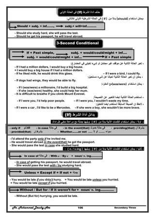 Mr. Mohammed Deushy Ata Secondary Three106
‫االولي‬ ‫الحالة‬ ‫في‬ (If) ‫حذف‬‫الشرط‬ ‫أداة‬
-‫استخدام‬ ‫يمكن‬(should)‫من‬ ‫بدال‬If )(‫كالتالي‬ ‫االولي‬ ‫الشرطية‬ ‫الحالة‬ ‫في‬:
Should + subj. + inf……., subj.+ will+inf……….
- Should she study hard, she will pass the test.
- Should he get his passport, he will travel abroad.
3-Second Conditional
If + Past simple, subj. + would/could/might + inf….
subj. + would/could/might + inf... If + Past simple
-‫شيء‬ ‫أو‬ ‫محتمل‬ ‫غير‬ ‫موقف‬ ‫عن‬ ‫الثانية‬ ‫الحالة‬ ‫تعبر‬‫تخيلي‬‫المضارع‬ ‫في‬:
- If I had a million dollars, I would buy a big house.
= I would buy a big house if I had a million dollars.
- If he liked milk, he would drink this glass. – If I were a bird, I could fly.
-‫مستحيل‬ ‫شيء‬ ‫عن‬ ‫أحيانا‬ ‫الثانية‬ ‫الحالة‬ ‫تعبر‬ ‫أن‬ ‫يمكن‬:
- If dogs had wings, they would be able to fly.
-‫استخدام‬ ‫يمكن‬(was/were)‫مع‬‫المفرد‬:
- If I (was/were) a millionaire, I’d build a big hospital.
- If she (was/were) healthy, she could help her mum.
- It is difficult to breathe if you climb Mount Everest.
-‫الحالة‬ ‫تستخدم‬‫ايضا‬ ‫الثانية‬‫النصيحة‬ ‫عن‬ ‫للتعبير‬:
- If I were you, I’d help poor people. – If I were you, I wouldn't waste my time.
-‫للتخيل‬ ‫ايضا‬ ‫تستخدم‬ ‫السابقة‬ ‫الصيغة‬ ‫ان‬ ‫الحظ‬:
- If I were a car , I'd like to be a Mercedes. - If she were a boy, she wouldn't be more brave.
(If) ‫الشرط‬ ‫أداة‬ ‫بدائل‬
-‫أوال‬:‫من‬ ‫بدال‬ ‫اآلتية‬ ‫الكلمات‬ ‫استخدام‬ ‫يمكن‬If )(‫اداة‬ ‫كل‬ ‫معني‬ ‫مراعاة‬ ‫مع‬ ‫جملة‬ ‫ويليھا‬:
- only if ‫فقط‬‫لو‬ - in case ‫في‬‫حالة‬ - in the event(that) ‫في‬‫حالة‬‫حدوث‬ - providing(that) ‫بشرط‬‫أن‬
- provided(that) ‫بشرط‬‫أن‬ - Whether…….or not ‫سواء‬.......‫ال‬ ‫أو‬.....
- I'd attend the party only if he invited me.
- He would travel abroad in the event(that) he got the passport.
- She would pass the test in case she studied hard.
-‫ثانيا‬:‫من‬ ‫بدال‬ ‫اآلتية‬ ‫الكلمات‬ ‫استخدام‬ ‫يمكن‬If )(‫ويليھا‬n. / v.ing ): (
In case of ‫في‬‫حالة‬ / With ‫بـ‬ / By ‫بـ‬ + noun/ v. ing………….
- In case of getting his passport, he would travel abroad.
- She would pass the test with / by studying hard.
Unless = Except if = If not + ‫جملة‬
- You would be late if you didn't hurry. = You would be late unless you hurried.
= You would be late except if you hurried.
Without / But for / If it weren’t for + noun/ v. ing………….
- Without (But for) hurrying, you would be late.
 