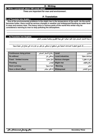 Mr. Mohammed Deushy Ata Secondary Three112
E - Writing
8. Write a paragraph about 100 words about
Trees are important for man and environment .
F- Translation
9. a) Translate into Arabic :
One of the environmental problems is the slight rise in the temperature of the earth .As the world
becomes hotter, there could be serious changes in weather and widespread flooding as water level
in seas and oceans rises .The heavy rains in various parts of the world this winter may be
considered a warning to man to stop polluting the atmosphere.
……………………………………………………………………………………………………………………………………………………………………………………………………………………
……………………………………………………………………………………………………………………………………………………………………………………………………………..……
…………………………………………………………………………………………………………………………………………………………………………………………………………………..
b) Translate into English:
1-‫الدخل‬ ‫محدودى‬ ‫وخاصة‬ ‫الكثيرين‬ ‫حياة‬ ‫على‬ ‫مباشرا‬ ‫تأثيرا‬ ‫تؤثر‬ ‫المستمر‬ ‫األسعار‬ ‫زيادة‬.
…………………………………………………………………………………………………………………………………………………………………………………………………………
…………………………………………………………………………………………………………………………………………………………………………………………………………
……………..……2-‫الحكوم‬ ‫تشجع‬‫صعبة‬ ‫عملية‬ ‫الى‬ ‫تحتاج‬ ‫التي‬ ‫الواردات‬ ‫من‬ ‫كثير‬ ‫عن‬ ‫تستغني‬ ‫أن‬ ‫تستطيع‬ ‫حتى‬ ‫المحلية‬ ‫الصناعات‬ ‫ة‬
……………………………………………………………………………………………………………………………………………………………………………………………………………………
………………….………………………………………………………………………………………………………………………………………………………………………………………………..
Continuous rising prices ‫المستمر‬ ‫االسعار‬ ‫ارتفاع‬ Level ‫مستوي‬
Do without ‫عن‬ ‫يستغني‬ Local industries ‫محلية‬ ‫صناعات‬
Fixed / limited income ‫محدود‬ ‫دخل‬ Serious changes ‫خطيرة‬ ‫تغيرات‬
Flooding ‫فيضان‬ Slight rise ‫طفيف‬ ‫ارتفاع‬
Hard currency ‫صعبة‬ ‫عمله‬ Warning ‫تحذير‬
Have a direct effect ‫مباشر‬ ‫تأثير‬ ‫له‬ Widespread ‫اإلنتشار‬ ‫واسع‬
 