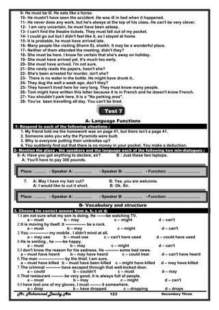 Mr. Mohammed Deushy Ata Secondary Three123
9- He must be ill. He eats like a horse.
10- He mustn't have seen the accident. He was ill in bed when it happened.
11- He never does any work, but he's always at the top of his class. He can't be very clever.
12- I am very uncertain, he must have been asleep.
13- I can't find the theatre tickets. They must fall out of my pocket.
14- I could go out but I didn't feel like it, so I stayed at home.
15- It is probable, he must have arrived late.
16- Many people like visiting Sharm EL sheikh. It may be a wonderful place.
17- Neither of them attended the meeting, didn't they?
18- She must be here. I know for certain that she's away on holiday.
19- She must have arrived yet. It's much too early.
20- She must have arrived. I'm not sure.
21- She rarely reads the papers, hasn't she?
22- She's been arrested for murder, isn't she?
23- There is no water in the bottle. He might have drunk it..
24- They dug the well a week ago, don't they?
25- They haven't lived here for very long. They must know many people.
26- Tom might have written this letter because it is in French and he doesn't know French.
27- You shouldn’t park here. It is a "No parking area".
28- You've been travelling all day. You can't be tired.
Test 7
A- Language Functions
1- Respond to each of the following situations :
1. My friend told me the homework was on page 41, but there isn’t a page 41.
2. Someone asks you why the Pyramids were built.
3. Why is everyone putting their umbrellas up?
4. You suddenly find out that there is no money in your pocket. You make a deduction.
2- Mention the place , the speakers and the language each of the following two min-dialogues :
6- A: Have you got anything to declare, sir? B : Just these two laptops.
A: You'll have to pay 300 pounds.
7. A: May I have my hair cut? B: Yes, you are welcome.
A: I would like to cut it short. B: Ok. Sir.
B- Vocabulary and structure
3. Choose the correct answer from a, b, c or d:
1.I am not sure what my son is doing. He -------be watching TV.
a – must b – may c – might d – can't
2.It is moving by itself. It --------------- be a rock.
a – must b – may c – might d – can't
3.You -------------- my mobile . I didn't mind at all.
a – may use b – must use c – can't have used d – could have used
4.He is smiling , he ------be happy.
a – must b – may c – might d – can't
5.I don't know the reason for his sadness. He ---------- some bad news.
a – must have heard b – may have heard c – could hear d – can't have heard
6.The man ------------------- by the thief, I am sure.
a – must have killed b – must have been killed c – might have killed d – may have killed
7.The criminal ----------- have escaped through that well-locked door.
a – could b – couldn't c – must d – may
8.That restaurant --------- be very good, it is always full of people.
a – must b – may c – might d – can't
9.I have lost one of my gloves, I must -------- it somewhere.
a – drop b – have dropped c – dropping d – drops
Place: ……… - Speaker A: …………. - Speaker B: ……..…… - Function: ……………………
Place: ……… - Speaker A: …………. - Speaker B: ……..…… - Function: ……………………
 