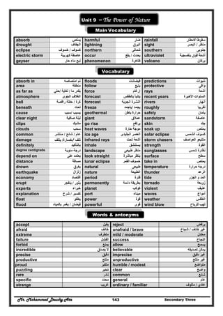 Mr. Mohammed Deushy Ata Secondary Three143
Un
Unit 9 – The Power of Nature
Main Vocabulary
absorb ‫يمتص‬ harmful ‫ضار‬ rainfall ‫االمطار‬ ‫سقوط‬
drought ‫الجفاف‬ lightning ‫البرق‬ sight ‫منظر‬/‫البصر‬
eclipse ‫كسوف‬/‫خسوف‬ northern ‫شمالى‬ southern ‫جنوبى‬
electric storm ‫كھربية‬ ‫عاصفة‬ occur ‫يحدث‬/‫يقع‬ ultraviolet ‫بنفسجية‬ ‫فوق‬ ‫أشعة‬
geyser ‫حار‬ ‫ماء‬ ‫نبع‬ phenomenon ‫ظاھرة‬ volcano ‫بركان‬
Vocabulary
absorb in ‫تم‬‫امتصاصه‬ floods ‫فيضانات‬ predictions ‫تنبؤات‬
area ‫منطقة‬ follow ‫يتبع‬ protective ‫واقى‬
as far as ‫ما‬ ‫بقدر‬/‫لغاية‬/‫حتي‬ force ‫إرغام‬ rays ‫أشعة‬
atmosphere ‫الجوى‬ ‫الغالف‬ forecast ‫يتنبأ‬‫بالطقس‬ recent years ‫األخيرة‬ ‫السنوات‬
ball ‫كرة‬/‫راقصة‬ ‫حفلة‬ forecast ‫النش‬‫الجوية‬ ‫رة‬ rivers ‫أنھار‬
beneath ‫تحت‬ freeze ‫يجمد‬/‫يتجمد‬ roughly ‫تقربيا‬
cause ‫يسبب‬/‫سبب‬ geothermal ‫باطن‬ ‫حرارة‬
‫أل‬
safely ‫بأمان‬
clear night ‫صافية‬ ‫ليلة‬ giant ‫عمالق‬ sandstorm ‫عاصفة‬
clips ‫مشبك‬ go rise ‫يرتفع‬ skin ‫جلد‬
clouds ‫سحب‬ heat waves ‫حا‬ ‫موجة‬‫رة‬ soak up ‫يمتص‬
common ‫عام‬/‫شائع‬/‫منتشر‬ ice age ‫الجليدى‬ ‫العصر‬ solar eclipse ‫الشمس‬ ‫كسوف‬
damage ‫تلف‬/‫خسارة‬/‫يتلف‬ infrared rays ‫أشعة‬‫تحت‬ storm chasers ‫متتبع‬‫و‬‫العواصف‬
definitely ‫بالتأكيد‬ inhale ‫يستنشق‬ strength ‫القوة‬
degree centigrade ‫م‬ ‫درجة‬‫ئوي‬‫ة‬ landscape ‫طبيعى‬ ‫منظر‬ sunglasses ‫شمس‬ ‫نظارة‬
depend on ‫على‬ ‫يعتمد‬ look straight ‫مباشرة‬ ‫ينظر‬ surface ‫سطح‬
distance ‫مسافة‬ lunar eclipse ‫القمر‬ ‫خسوف‬ take in ‫يمتص‬
drown ‫يغرق‬ natural ‫طبيعى‬ temperature ‫حرارة‬ ‫درجة‬
earthquake ‫زلزال‬ nature ‫الطبيعة‬ thunder ‫الرعد‬
economy ‫اقتصاد‬ period ‫فترة‬ tide ‫الجزر‬ ‫و‬ ‫المد‬
erupt ‫يثور‬/‫ي‬‫نفجر‬ permanently ‫دائمة‬ ‫بطريقة‬ tornado ‫زوبعة‬
experts ‫خبراء‬ planet ‫كوكب‬ violent ‫عنيف‬
explanation ‫تفسير‬/‫شرح‬ port ‫ميناء‬ waves ‫أمواج‬
float ‫يطفو‬ power ‫قوة‬ weather ‫الطقس‬
flood ‫فيضان‬/‫ب‬ ‫يغمر‬‫المياه‬ powerful ‫قوى‬ wind blow ‫للرياح‬ ‫تھب‬
Words & antonyms
accept ‫يقبل‬ reject ‫يرفض‬
afraid ‫خائف‬ unafraid / brave ‫خائف‬ ‫غير‬/‫شجاع‬
extreme ‫متطرف‬ mild / moderate ‫معتدل‬
failure ‫الفشل‬ success ‫النجاح‬
forbid ‫يمنع‬ allow ‫يسمح‬
incredible ‫يصدق‬ ‫ال‬َ ُ believable ‫تصديقه‬ ‫يمكن‬
precise ‫دقيق‬ imprecise ‫دقيق‬ ‫غير‬
productive ‫منتج‬ unproductive ‫منتج‬ ‫غير‬
proud ‫متكبر‬ humble / modest ‫متواضع‬
puzzling ‫محير‬َ ُ clear ‫واضح‬
rare ‫نادر‬ common ‫شائع‬
specific ‫محدد‬ general ‫عام‬
strange ‫غريب‬ ordinary / familiar ‫عادي‬/‫مألوف‬
 