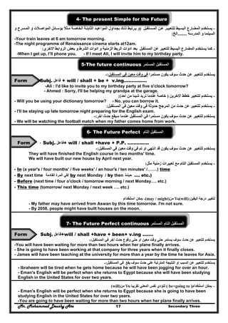 Mr. Mohammed Deushy Ata Secondary Three17
4- The present Simple for the Future
-‫ي‬‫للت‬ ‫البسيط‬ ‫المضارع‬ ‫ستخدم‬‫ع‬‫ستقبل‬‫الم‬ ‫ن‬‫ع‬ ‫ر‬‫بي‬)‫د‬‫المواعي‬ ‫داول‬‫بج‬ ‫ك‬‫ذل‬ ‫رتبط‬‫ي‬ ‫و‬‫ة‬‫الخاص‬ ‫ة‬‫الثابت‬‫و‬ ‫سرح‬‫الم‬ ‫و‬ ‫الت‬‫المواص‬ ‫ائل‬‫بوس‬ ‫ثال‬‫م‬
‫المدرسة‬ ‫و‬ ‫السينما‬........‫الخ‬:
-Your train leaves at 6 am tomorrow morning.
-The night programme of Renaissance cinema starts at12am.
-‫ي‬ ‫كما‬‫للت‬ ‫البسيط‬ ‫المضارع‬ ‫ستخدم‬‫ع‬‫المستقبل‬ ‫عن‬ ‫بير‬‫االخري‬ ‫الروابط‬ ‫بعض‬ ‫و‬ ‫الشرط‬ ‫ادوات‬ ‫و‬ ‫الزمنية‬ ‫الربط‬ ‫ادوات‬ ‫بعد‬:
-When I get up, I’ll phone you. - If I meet Ali, I will invite him to my birthday party.
5-The future continuous ‫المستمر‬ ‫المستقبل‬
‫مستمرا‬ ‫يكون‬ ‫سوف‬ ‫حدث‬ ‫عن‬ ‫للتعبير‬ ‫يستخدم‬‫المستقبل‬ ‫في‬ ‫معين‬ ‫وقت‬ ‫في‬:-
Form - Subj. ‫فاعل‬ + will / shall + be + v.ing……………
-Ali : I'd like to invite you to my birthday party at five o'clock tomorrow?
- Ahmed : Sorry, I'll be helping my grandpa at the garage.
-‫للتعبير‬ ‫يستخدم‬‫االخرين‬ ‫خطط‬)‫احد‬ ‫من‬ ‫شيئا‬ ‫نريد‬ ‫عندما‬ ‫خاصة‬(:
- Will you be using your dictionary tomorrow? - No, you can borrow it.
-‫حدث‬ ‫عن‬ ‫للتعبير‬ ‫يستخدم‬‫حدوثة‬ ‫المرجح‬ ‫من‬‫المستقبل‬ ‫في‬ ‫معين‬ ‫وقت‬ ‫في‬:
- I'll be staying up late tomorrow night preparing for the English exam.
‫حدث‬ ‫عن‬ ‫للتعبير‬ ‫يستخدم‬‫مستمرا‬ ‫يكون‬ ‫سوف‬‫المستقبل‬ ‫في‬‫اخر‬ ‫حدث‬ ‫سيقع‬ ‫عندما‬:-
- We will be watching the football match when my father comes home from work.
6- The Future Perfect ‫التام‬ ‫المستقبل‬
Form - Subj. ‫فاعل‬+ will / shall +have + P.P. …………..
‫حدث‬ ‫عن‬ ‫للتعبير‬ ‫يستخدم‬‫المستقبل‬ ‫في‬ ‫معين‬ ‫وقت‬ ‫في‬ ‫تم‬ ‫او‬ ‫انتھي‬ ‫قد‬ ‫يكون‬ ‫سوف‬:-
They will have finished the English course in two months' time.
We will have built our new house by April next year.
-‫مثل‬ ‫زمنية‬ ‫تعبيرات‬ ‫مع‬ ‫التام‬ ‫المستقبل‬ ‫يستخدم‬:
- In (a year's / four months' / five weeks' / an hour's / ten minutes' /…….) time
- By next time ‫في‬‫المرة‬‫القادمة‬ / by next Monday / by then ‫حينئذ‬ …. etc.)
- Before (next time / four o'clock / tomorrow morning / next Monday…. etc.)
- This time (tomorrow/ next Monday / next week …. etc.)
‫اليقين‬ ‫درجة‬ ‫لتغيير‬:(will)‫من‬ ‫بدال‬(may / might)-‫يمكن‬‫استخدام‬
- My father may have arrived from Aswan by this time tomorrow. I'm not sure.
- By 2050, people might have built houses on the moon.
7- The Future Perfect continuous ‫المستمر‬ ‫المستقبل‬‫التام‬
Form Subj. ‫فاعل‬+will / shall +have + been+ v.ing …….
‫حدث‬ ‫عن‬ ‫للتعبير‬ ‫يستخدم‬‫وق‬ ‫حتي‬ ‫يستمر‬ ‫سوف‬‫المستقبل‬ ‫في‬ ‫آخر‬ ‫حدث‬ ‫وقوع‬ ‫حتي‬ ‫او‬ ‫معين‬ ‫ت‬:-
-You will have been waiting for more than two hours when her plane finally arrives.
- She is going to have been working at that company for three years when it finally closes.
- James will have been teaching at the university for more than a year by the time he leaves for Asia.
‫عن‬ ‫للتعبير‬ ‫يستخدم‬‫المستقبل‬ ‫في‬ ‫يقع‬ ‫سوف‬ ‫حدث‬ ‫علي‬ ‫المترتبة‬ ‫النتيجة‬ ‫او‬ ‫السبب‬:-
- Ibraheem will be tired when he gets home because he will have been jogging for over an hour.
- Eman's English will be perfect when she returns to Egypt because she will have been studying
English in the United States for over two years.
–‫يمكن‬‫استخدام‬( be+going to )‫تقريبا‬ ‫المعني‬ ‫نفس‬ ‫لتؤدي‬‫ب‬‫من‬ ‫دال‬)(will
- Eman's English will be perfect when she returns to Egypt because she is going to have been
studying English in the United States for over two years.
-You are going to have been waiting for more than two hours when her plane finally arrives.
 