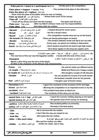 Mr. Mohammed Deushy Ata Secondary Three28
-Take part in = share in = participate in‫يشـارك‬ -I’ll take part in the competition.
-Take place = happen = occur ‫يحـدث‬ - The accident took place in the afternoon.
-Take the place of = replace ‫يحـل‬‫محـل‬
- Omer took the place of his father when he was on holiday.
-Take up much of ‫يستن‬‫ـ‬‫زف‬‫كثي‬‫ـ‬‫ر‬‫م‬‫ـ‬‫ن‬ - Illness took much of his money.
-Take off ‫يخلـع‬‫مالبس‬/‫تقلـع‬‫الطائرة‬
- I took off my shoes and went into the mosque. -The plane will off at six.
-Take over ‫يتـولى‬‫مھمـة‬ - After my father's illness I took over his responsibilities.
-Take after ‫يشبـه‬ - She takes after her mother.
- Abroad ‫الخارج‬)‫ما‬ ‫بلد‬ ‫حدود‬ ‫خارج‬( - I stayed abroad for seven years.
- Broad ‫ـ‬ ‫فسيح‬‫ـ‬ ‫عريض‬‫عام‬ - He has a broad vision.
- Board ‫لوحة‬)‫إعالنات‬(‫سبورة‬ ‫ـ‬ - The competition results were put up on the board.
-There are twenty passengers on board.‫علي‬‫متن‬)‫سفينة‬-‫طائرة‬(- On board
- Border ‫دولتين‬ ‫بين‬ ‫حد‬/‫يحد‬ - The borders between Israel and Syria are not safe.
- Every ‫كل‬)‫اسم‬ ‫بعدھا‬ ‫يأتي‬ ‫صفة‬( - Every year, we spend our holiday in Alexandria.
- Each( ‫كل‬)‫محل‬ ‫تحل‬ ‫أو‬ ‫اسم‬ ‫بعدھا‬ ‫يأتي‬ ‫صفة‬ - Each student should do his best to get high marks.
- Give these apples to the boys,two apples each.
Hero ‫بطل‬)‫إلنجازاته‬ ‫محبوب‬ ‫شخص‬ ‫ـ‬ ‫مسرحية‬ ‫ـ‬ ‫فيلم‬ ‫في‬ ‫ـ‬ ‫تاريخي‬ ‫ـ‬ ‫بارز‬ ‫محارب‬(
-The real hero of the war was the Egyptian soldier. -I loved with the hero of the novel.
Champion ‫بطل‬)‫رياضي‬/‫قضية‬ ‫أو‬ ‫شخصية‬ ‫عن‬ ‫المدافع‬/‫مقاتل‬(
-Martin Luther King was the hero of the black.
-Al-Ahly is the champion of the African club championship.
-Twins ‫توأم‬ - He and his sister are different twins.
- A couple ‫زوجان‬)‫وزوجته‬ ‫زوج‬( -Walid and Rania are a happy couple.
-A couple of ‫زوج‬/ ‫واحد‬ ‫نوع‬ ‫من‬ ‫اثنان‬)‫الشئ‬ ‫نفس‬ ‫من‬‫فصلھما‬ ‫يمكن‬( - She bought a couple of silk blouses.
- Double ‫ثنائي‬/‫يضاعف‬ - He can double his income if he work harder
- He booked a double room for his parents.
-Pair ‫من‬ ‫زوج‬‫شيء‬‫ينفصل‬ ‫ال‬ - I bought a pair of brown shoes.
- Occasion ‫مناسبة‬ - I gave him a present on the occasion of his marriage.
- Event ‫ح‬‫ـ‬‫ھ‬ ‫دث‬‫ــ‬‫ممي‬ ‫ام‬‫ـ‬‫ز‬ - Winning the competition is an important event in my life.
- accident ‫ح‬‫ـ‬‫ـادث‬ - The accident took place at about six.
- incident ‫داخ‬ ‫حـدث‬‫ــ‬‫قص‬ ‫ل‬‫ـ‬‫ة‬ - The incidents of this story are not clear.
- spend time + (v + ing)) ‫في‬ ‫الوقت‬ ‫يقضي‬‫في‬ ‫الوقت‬ ‫يقضي‬ - I spent the summer holiday playing on the beach.
- spend money on ‫على‬ ‫المال‬ ‫ينفق‬ - He spends most of his money on smoking.
- politics ‫السياسة‬)‫الحكم‬ ‫ونظام‬ ‫بالدولة‬ ‫الخاصة‬( - She studied politics at university .
- policy ‫العمل‬ ‫أو‬ ‫الفرد‬ ‫عليھا‬ ‫يسير‬ ‫قاعدة‬ ‫أو‬ ‫مبدأ‬ - Honesty is the best policy.
- Like
‫ث‬
- He is nervous like his mother.
- Like ‫يحب‬ - I don’t like the way you speak to me.
- look like ‫يشبه‬ - She looks like her mother.
- Alike = like each other ‫تستخدم‬‫ويسبقھا‬ ‫عنھم‬ ‫نتحدث‬ ‫الذين‬ ‫األشخاص‬ ‫أو‬ ‫األشياء‬ ‫بعد‬(v. to be)
-She and her mother are alike.
- Unlike ‫عن‬ ‫مختلف‬/ ‫س‬‫العك‬ ‫علي‬ - Unlike her sister, Aya is lazy.
 