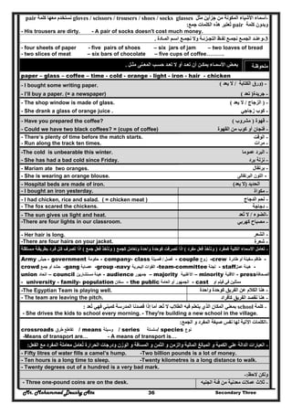 Mr. Mohammed Deushy Ata Secondary Three36
-‫جزأي‬ ‫من‬ ‫المكونة‬ ‫األشياء‬ ‫أسماء‬‫مثل‬ ‫ن‬gloves / scissors / trousers / shoes / socks glasses‫كلمة‬ ‫معھا‬ ‫نستخدم‬pair
‫كلمة‬ ‫وبدون‬pair‫جمع‬ ‫الكلمات‬ ‫ھذه‬ ‫تعتبر‬ُ:
- His trousers are dirty. - A pair of socks doesn't cost much money.
3-‫المـاد‬ ‫اسـم‬ ‫نجمـع‬ ‫وال‬ ‫التجـزئـة‬ ‫لفـظ‬ ‫نجمـع‬ ‫الجمـع‬ ‫وعنـد‬‫ة‬.
- four sheets of paper - five pairs of shoes – six jars of jam – two loaves of bread
- two slices of meat – six bars of chocolate – five cups of coffee……….
‫ال‬ ‫حسـب‬ ‫تعـد‬ ‫ال‬ ‫أو‬ ‫تعـد‬ ‫أن‬ ‫يمكـن‬ ‫األسمـاء‬ ‫بعـض‬‫مثـل‬ ‫معـنى‬. ‫ملحوظـ‬‫ة‬
paper – glass – coffee – time - cold - orange - light - iron - hair - chicken
- I bought some writing paper. -)‫الكتابة‬ ‫ورق‬/‫يعد‬ ‫ال‬(
- I’ll buy a paper. (= a newspaper) -‫جريدة‬)‫تعد‬(
- The shop window is made of glass. -)‫الزجاج‬/‫يعد‬ ‫ال‬(
- She drank a glass of orange juice . -‫كوب‬‫زجاجي‬
- Have you prepared the coffee? -‫قھوة‬)‫مشروب‬(
- Could we have two black coffees? = (cups of coffee) -‫القھوة‬ ‫من‬ ‫كوب‬ ‫أو‬ ‫فنجان‬
- There’s plenty of time before the match starts. -‫الوقت‬
- Run along the track ten times. -‫مرات‬
-The cold is unbearable this winter. -‫عموما‬ ‫البرد‬
- She has had a bad cold since Friday. -‫برد‬ ‫نزلة‬
- Mariam ate two oranges. -‫برتقال‬
-‫البرتقالى‬ ‫اللون‬- She is wearing an orange blouse.
- Hospital beds are made of iron. ‫الحديد‬)‫يعد‬ ‫ال‬(
- I bought an iron yesterday. -‫مكواة‬
- I had chicken, rice and salad. ( = chicken meat ) -‫الدجاج‬ ‫لحم‬
- The fox scared the chickens. -‫دجاجة‬
- The sun gives us light and heat. -‫الضوء‬/‫تعد‬ ‫ال‬ُ
-There are four lights in our classroom. -‫كھربي‬ ‫مصباح‬
- Her hair is long. -‫الشعر‬
-There are four hairs on your jacket. -‫شعرة‬
-‫االسما‬ ‫تعامل‬‫ء‬‫كمفرد‬ ‫الكلية‬)‫مفرد‬ ‫فعل‬ ‫وتأخذ‬(‫كجمع‬ ‫وتعامل‬ ‫واحدة‬ ‫كوحدة‬ ‫تصرفت‬ ‫اذا‬)‫جمع‬ ‫فعل‬ ‫وتأخذ‬(‫ستقلة‬‫م‬ ‫ة‬‫بطريق‬ ‫رد‬‫ف‬ ‫ل‬‫ك‬ ‫تصرف‬ ‫اذا‬
:
Army ‫جيش‬ - government ‫حكومة‬ - company- class ‫فصل‬/‫فصيلة‬ - couple ‫زوج‬ -crew ‫طائرة‬ ‫أو‬ ‫سفينة‬ ‫طاقم‬ -
crowd ‫جمع‬ ‫أو‬ ‫حشد‬ -gang ‫عصابة‬ -group -navy ‫البحرية‬ ‫القوات‬ -team-committee ‫لجنة‬ - staff‫عمل‬ ‫ھيئة‬ -
union ‫اتحاد‬ – council ‫مستشارين‬ ‫ھيئة‬ - audience ‫جمھور‬ – majority ‫األغلبية‬ – minority ‫االقلية‬ - press‫الصحافة‬
- university - family- population ‫سكان‬ - the public ‫العامة‬ ‫أو‬ ‫الجمھور‬ - cast ‫او‬ ‫فيلم‬ ‫في‬ ‫ممثلين‬
-The Egyptian Team is playing well. -‫واحدة‬ ‫كوحدة‬ ‫الفريق‬ ‫عن‬ ‫الكالم‬ ‫ھنا‬
- The team are leaving the pitch. -‫كأفراد‬ ‫الفريق‬ ‫نقصد‬ ‫ھنا‬
-‫كلمة‬school‫يتعلم‬ ‫الذي‬ ‫المكان‬ ‫بمعني‬‫تعد‬ ‫فھي‬ ‫كمبني‬ ‫المدرسة‬ ‫قصدنا‬ ‫إذا‬ ‫أما‬ ‫تعد‬ ‫ال‬ ‫الطالب‬ ‫فيه‬ُ ُ:
- She drives the kids to school every morning. - They're building a new school in the village.
-‫الجمع‬ ‫و‬ ‫المفرد‬ ‫صيغة‬ ‫نفس‬ ‫لھا‬ ‫اآلتية‬ ‫الكلمات‬:
crossroads ‫طرق‬ ‫تقاطع‬ / means ‫وسيلة‬ / series ‫س‬‫لسلة‬ / species ‫نوع‬
- A means of transport is…-Means of transport are…
-‫الفعل‬ ‫مع‬ ‫المفرد‬ ‫معاملة‬ ‫تعامل‬ ‫الحرارة‬ ‫ودرجات‬ ‫الوزن‬ ‫و‬ ‫المسافة‬ ‫و‬ ‫الثمن‬ ‫و‬ ‫والزمن‬ ‫المالية‬ ‫المبالغ‬ ‫و‬ ‫الكمية‬ ‫علي‬ ‫الدالة‬ ‫العبارات‬ُ:
- Fifty litres of water fills a camel’s hump. -Two billion pounds is a lot of money.
- Ten hours is a long time to sleep. -Twenty kilometres is a long distance to walk.
- Twenty degrees out of a hundred is a very bad mark.
‫الحظ‬ ‫ولكن‬:-
- Three one-pound coins are on the desk. -‫الجنيه‬ ‫فئة‬ ‫من‬ ‫معدنية‬ ‫عمالت‬ ‫ثالث‬
 