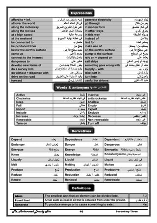 Mr. Mohammed Deushy Ata Secondary Three46
Expressions
afford to + inf. ‫لـ‬ ‫المال‬ ‫من‬ ‫يكفي‬ ‫ما‬ ‫لديه‬ generate electricity ‫الكھرباء‬ ‫يولد‬ُ
all over the world ‫العالم‬ ‫انحاء‬ ‫كل‬ ‫في‬ go through ‫خالل‬ ‫من‬ ‫يمر‬
along the motorway ‫السريع‬ ‫الطريق‬ ‫طول‬ ‫علي‬ in molten form ‫منصھر‬ ‫شكل‬ ‫في‬
along the red sea ‫األحمر‬ ‫البحر‬ ‫بمحاذاة‬ in other ways ‫أخري‬ ‫بطرق‬
at a high speed ‫عالية‬ ‫بسرعة‬ in this way ‫الطريقة‬ ‫وبھذه‬
at the weekend ‫األسبوع‬ ‫نھاية‬ ‫عطلة‬ ‫في‬ instead of ‫من‬ ‫بدال‬
be connected to ‫بـ‬ ‫متصل‬ last for ‫لمدة‬ ‫يستمر‬
be produced from ‫من‬ ‫ينتج‬ً ُ make use of ‫من‬ ‫يستفيد‬/‫يستغل‬
below the earth's surface ‫األرض‬ ‫سطح‬ ‫تحت‬ on the earth's surface ‫األرض‬ ‫سطح‬ ‫علي‬
come up ‫ألعلي‬ ‫يصعد‬ pump to the surface ‫السطح‬ ‫إلي‬ ‫يضخ‬
connect to the internet ‫باالنترنت‬ ‫يتصل‬ rely on = depend on ‫علي‬ ‫يعتمد‬
dangerous to ‫علي‬ ‫خطير‬ sail ships ‫السفن‬ ‫يسير‬ ‫أو‬ ‫يوجه‬ُ ُ
develop new forms of ‫من‬ ‫جديدة‬ ‫أشكاال‬ ‫يطور‬َ something goes wrong with ‫في‬ ‫يحدث‬ ‫عطل‬ ‫أو‬ ‫خطأ‬
do a survey into ‫رأي‬ ‫استطالع‬ ‫أو‬ ‫بدراسة‬ ‫يقوم‬
‫ف‬
Supply... with ‫يزود‬ُ..‫بـ‬
do without = dispense with ‫عن‬ ‫يستغني‬ take part in ‫في‬ ‫يشارك‬
drive on the road ‫الطريق‬ ‫علي‬ ‫السيارة‬ ‫يقود‬ turn into ‫إلي‬ ‫يتحول‬
forward ‫لألمام‬/‫يرسل‬ُ useful for drivers ‫للسائقين‬ ‫مفيد‬
Words & antonyms ‫عكسھا‬ ‫و‬ ‫كلمات‬
Active ‫نشيط‬ Inactive ‫نشيط‬ ‫غير‬
Clockwise ‫الساعة‬ ‫عقارب‬ ‫اتجاه‬ ‫في‬ anticlockwise ‫ع‬ ‫اتجاه‬ ‫عكس‬‫الساعة‬ ‫قارب‬
Deep ‫عميق‬ Shallow ‫ضحل‬
Full ‫ممتلئ‬ Empty ‫فارغ‬
Import ‫يستورد‬ Export ‫يصدر‬ُ
Include ‫يشمل‬ Exclude ‫يستبعد‬
Increase ‫زيادة‬/‫يزداد‬ Decrease ‫نقص‬/‫ينقص‬
Renewable ‫متجدد‬ Non-renewable ‫متجدد‬ ‫غير‬
Turn on ‫يشغل‬ُ Turn off ‫يوقف‬
Derivatives
Depend ‫ﻳ‬‫ﻌﺗﻣد‬ Dependence ‫اﻋﺗﻣﺎد‬ Dependent ‫ﻣﻌﺗﻣد‬/‫ﻋﺎﻟﺔ‬/‫ﺗﺎﺑﻊ‬
Endanger ‫ﻟﻠﺧطر‬ ‫ﻳﻌرض‬ُ Danger ‫ﺧطر‬ Dangerous ‫ﺧطﻳر‬
Energize ‫طﺎﻗﺔ‬ ‫ﻳﻣﻧﺢ‬ Energy ‫اﻟطﺎﻗﺔ‬ Energetic ‫ﻧﺷﻳط‬/‫ﺑﺎﻟطﺎﻗﺔ‬ ‫ﻣﻠﻲء‬
Know ‫ﻳﻌرف‬ Knowledge ‫اﻟﻣﻌرﻓﺔ‬ Knowledgeable ‫اطﻼع‬‫و‬ ‫ﻣﻌرﻓﺔ‬ ‫ﻟدﻳﻪ‬
Liquefy ‫ﻟﺳﺎﺋﻝ‬ ‫ﻳﺣوﻝ‬ُ Liquid ‫اﻟﺳﺎﺋﻝ‬ Liquid ‫ﺳﺎﺋﻝ‬ ‫ﺷﻛﻝ‬ ‫ﻓﻲ‬
Melt ‫ﻳذوب‬/‫ﻳﻧﺻﻬر‬ Melting ‫اﻧﺻﻬﺎر‬/‫ذوﺑﺎن‬ Molten ‫ﻣﻧﺻﻬر‬
Produce ‫ﻳﻧﺗﺞ‬ُ Production ‫إﻧﺗﺎج‬ Productive ‫ﻣﻧﺗﺞ‬/‫إﻧﺗﺎﺟﻲ‬
Reduce ‫ﻳﻘﻠﻝ‬ُ Reduction ‫ﺧﻔض‬/‫ﺗﻘﻠﻳﻝ‬ Reduced ‫ﻣﺧﻔض‬ُ
Renew ‫ﻳﺟدد‬ُ Renewal ‫ﺗﺟدﻳد‬ Renewable ‫ﻣﺗﺟدد‬
Definitions
Atom The smallest unit that an element can be divided into. ‫ذرة‬
Fossil fuel A fuel such as coal or oil that is obtained from under the ground. ‫حفري‬ ‫وقود‬
Generate To produce energy or to cause something to exist. ‫يولد‬
 