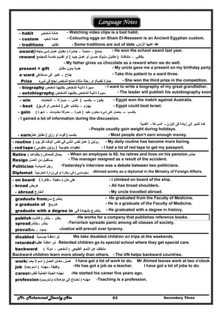 Mr. Mohammed Deushy Ata Secondary Three63
Language Notes
- habit ‫شخـص‬ ‫عـادة‬ - Watching video clips is a bad habit.
- custom ‫شعب‬ ‫عـادة‬ - Colouring eggs on Sham El-Nesseem is an Ancient Egyptian custom.
- traditions ‫تقاليد‬ - Some traditions are out of date .‫الزمن‬ ‫عليھا‬ ‫عفا‬
award( ‫جائـزة‬ ‫ـ‬ ‫منحـة‬ ‫ـ‬ ‫يمنـح‬)‫بإجادة‬ ‫شـئ‬ ‫عمـل‬ ‫مقابـل‬ - He won the school award last year.
reward ‫مكـافـأة‬ ‫ـ‬ ‫يكافـئ‬)‫جيـد‬ ‫عمـل‬ ‫أو‬ ‫حسـن‬ ‫سلـوك‬ ‫مقابـل‬(‫للمجتمع‬ ‫خدمـة‬ ‫تقديـم‬ ‫أو‬
- My father gives us chocolate as a reward when we do well.
present = gift ‫مقابل‬ ‫بدون‬ ‫ھدية‬ - My uncle gave me a present on my birthday party.
a ward ‫مستشفى‬ ‫فى‬ ‫عنبر‬ ‫ـ‬ ‫جناح‬ - Take this patient to a ward three.
Prize ‫نقدية‬ ‫جائزة‬)‫مثال‬ ‫رحلة‬ ‫او‬(‫شيء‬ ‫في‬ ‫نجح‬ ‫لشخص‬ ‫تمنح‬ - She won the third prize in the competition.
- biography ‫شخـ‬ ‫يكتبھـا‬ ‫لشخـص‬ ‫ذاتيـة‬ ‫سيـرة‬‫ص‬ - I want to write a biography of my great grandfather.
- autobiography ‫الشخـص‬ ‫يكتبھـا‬ ‫لشخـص‬ ‫ذاتيـة‬ ‫سيـرة‬ - The leader will publish his autobiography soon.
- win ‫يف‬‫ـ‬‫وز‬‫ــ‬‫يكسب‬)‫انتخابات‬ ‫ـ‬ ‫مبـاراة‬ ‫ـ‬ ‫كأس‬ - Egypt won the match against Australia.
- beat ‫يھ‬‫ـ‬‫زم‬‫ـ‬‫على‬ ‫يتغـلب‬)‫فـريق‬ ‫أو‬ ‫شخـص‬( - Egypt could beat Israel.
- gain ‫مفيد‬ ‫معنوى‬ ‫شىء‬ ‫على‬ ‫يحصل‬ ‫ـــ‬ ‫يكتسب‬)‫شھرة‬ ‫ـ‬ ‫معلـومات‬ ‫معـرفة‬ ‫ـ‬ ‫خبـرة‬(
- I gained a lot of information during the discussion.
‫الكمية‬ ‫ـ‬ ‫السرعة‬ ‫ـ‬ ‫الوزن‬ ‫فى‬ ‫زيادة‬ ‫إلى‬ ‫تشير‬ ‫كما‬
- People usually gain weight during holidays.
- earn ‫يكسب‬)‫رزق‬ ‫أو‬ ‫قوت‬(‫عمل‬ ‫مقابل‬ - Most people don’t earn enough money.
- routine ‫روتين‬)‫يوم‬ ‫كل‬ ‫الوقت‬ ‫نفس‬ ‫في‬ ‫الشئ‬ ‫نفس‬ ‫عمل‬( - My daily routine has become more boring.
- red tape ( ‫حكومي‬ ‫روتين‬ ) ‫حكومية‬ ‫تعقيدات‬ - I had a lot of red tape to get my passport.
Retire ‫للمعـاش‬ ‫يحـال‬)‫يتقـاعـد‬( - When an employee is 60, he retires and lives on his pension.‫ﻣﻌﺎش‬
Resign ‫العمـ‬ ‫من‬ ‫يستقيـل‬‫ل‬ - The manager resigned as a result of the accident.
Politician ‫السياسة‬ ‫رجل‬ -Yesterday's interview was a debate between two politicians.
Diplomat ‫دبلوماسي‬)‫الخارجية‬ ‫وزارة‬ ‫في‬ ‫أو‬ ‫سفارة‬ ‫في‬ -Ahmed works as a diplomat in the Ministry of Foreign Affairs.
- on board ( ‫متن‬ ‫على‬)‫طائرة‬ ‫ـ‬ ‫سفينة‬ - I climbed on board of the ship.
- broad ‫عريض‬ - Ali has broad shoulders.
- abroad ‫الخارج‬ - My uncle travelled abroad.
graduate from‫مـن‬ ‫يتخـرج‬ - He graduated from the Faculty of Medicine.
a graduate of ‫خـريـج‬ - He is a graduate of the Faculty of Medicine.
graduate with a degree in ‫فـى‬ ‫بشھـادة‬ ‫يتخـرج‬ - He graduated with a degree in history.
publish ‫ينشر‬ ‫ـ‬ ‫يعلن‬)‫كتاب‬( -He works for a company that publishes reference books.
spread‫ينتشر‬ ‫ـ‬ ‫ينشر‬ -Terrorism spreads panic among all classes of society.
prevail‫يعم‬ ‫ـ‬ ‫يسود‬ -Justice will prevail over tyranny.
disabled ‫جسـدية‬ ‫إعاقـة‬ ‫ذو‬ We take disabled children on trips at the weekends.
retarded‫عقليـة‬ ‫إعاقـة‬ ‫ذو‬ Retarded children go to special school where they get special care.
backward ‫الطبيعى‬ ‫النمـو‬ ‫عن‬ ‫متخلف‬)‫دولة‬ ‫ـ‬ ‫شخـص‬(
Backward children learn more slowly than others. - The UN helps backward countries.
work ‫عمـل‬‫العمـل‬ ‫مكـان‬ ‫ـ‬)‫يعـد‬ ‫ال‬ ‫اسم‬( I have got a lot of work to do. Mr Ahmed leaves work at two o'clock
job ( ‫مھنـه‬ ‫ـ‬ ‫وظيفة‬)‫يعـد‬ ‫اسم‬ -He has got a job as a teacher. I have got a lot of jobs to do.
career‫للفـرد‬ ‫العملية‬ ‫الحياة‬ ‫مھنـه‬ -He started his career five years ago.
profession ‫مھنـه‬)‫وتـدريـب‬ ‫مؤھـالت‬ ‫إلى‬ ‫تحتـاج‬( -Teaching is a profession.
 