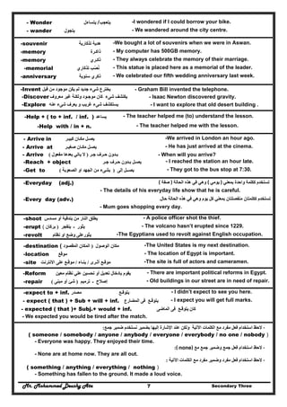 Mr. Mohammed Deushy Ata Secondary Three7
- Wonder ‫يتساءل‬ /‫يتعجب‬ -I wondered if I could borrow your bike.
- wander ‫يتجول‬ - We wandered around the city centre.
-souvenir ‫تذكارية‬ ‫ھدية‬ -We bought a lot of souvenirs when we were in Aswan.
-memory ‫ذاكـرة‬ - My computer has 500GB memory.
-memory ‫ذكـري‬ - They always celebrate the memory of their marriage.
-memorial ‫تذكاري‬ ‫نصب‬ُ ُ - This statue is placed here as a memorial of the leader.
-anniversary ‫سنوية‬ ‫ذكري‬ - We celebrated our fifth wedding anniversary last week.
-Invent ‫يخترع‬‫قبل‬ ‫من‬ ‫موجود‬ ‫يكن‬ ‫لم‬ ‫جديد‬ ‫شىء‬ - Graham Bill invented the telephone.
-Discover ‫يكتشف‬‫كا‬ ‫شىء‬‫معروف‬ ‫غير‬ ‫ولكنة‬ ‫موجـود‬ ‫ن‬ - Isaac Newton discovered gravity.
-Explore ‫عنه‬ ‫شىء‬ ‫يعرف‬ ‫و‬ ‫غريب‬ ‫شىء‬ ‫يستكشف‬ - I want to explore that old desert building .
-Help + ( to + inf. / inf. ) ‫يساعد‬ - The teacher helped me (to) understand the lesson.
-Help with / in + n. - The teacher helped me with the lesson.
- Arrive in ‫كبيـر‬ ‫مكـان‬ ‫يصـل‬ -We arrived in London an hour ago.
- Arrive at ‫صغيـر‬ ‫مكـان‬ ‫يصـل‬ - He has just arrived at the cinema.
- Arrive ‫جـر‬ ‫حـرف‬ ‫بـدون‬)‫مفعول‬ ‫بعدھا‬ ‫ياتي‬ ‫ال‬( - When will you arrive?
-Reach + object ‫جـر‬ ‫حـرف‬ ‫بـدون‬ ‫يصـل‬ - I reached the station an hour late.
-Get to ‫إلى‬ ‫يصــل‬)‫الصعوبة‬ ‫او‬ ‫الجھد‬ ‫من‬ ‫بشىء‬( - They got to the bus stop at 7:30.
-Everyday (adj.) ‫بمعني‬ ‫واحدة‬ ‫ككلمة‬ ‫تستخدم‬)‫يومي‬(‫الحالة‬ ‫ھذه‬ ‫في‬ ‫وھي‬)‫صفة‬(
- The details of his everyday life show that he is careful.
-Every day (adv.) ‫حال‬ ‫الحالة‬ ‫ھذه‬ ‫في‬ ‫وھي‬ ‫يوم‬ ‫كل‬ ‫بمعني‬ ‫منفصلتان‬ ‫ككلمتان‬ ‫تستخدم‬.
- Mum goes shopping every day.
-shoot ‫من‬ ‫النار‬ ‫يطلق‬‫مسدس‬ ‫أو‬ ‫بندقية‬ - A police officer shot the thief.
-erupt ‫يث‬‫ينفجر‬ ‫ـ‬ ‫ور‬)‫بركان‬( - The volcano hasn’t erupted since 1229.
-revolt ‫وضع‬ ‫يثورعلى‬‫او‬‫نظا‬‫م‬ -The Egyptians used to revolt against English occupation.
-destination ‫الوصول‬ ‫مكان‬)‫المقصود‬ ‫المكان‬( -The United States is my next destination.
-location ‫موقع‬ - The location of Egypt is important.
-site ‫أثـرى‬ ‫موقـع‬/‫بنـاء‬/‫موقـع‬‫االنترنت‬ ‫على‬ -The site is full of actors and cameramen.
-Reform ‫معين‬ ‫نظام‬ ‫علي‬ ‫تحسين‬ ‫أو‬ ‫تعديل‬ ‫بإدخال‬ ‫يقوم‬ - There are important political reforms in Egypt.
-repair ‫ترميم‬ ‫ـ‬ ‫إصالح‬)‫مبنى‬ ‫أو‬ ‫شئ‬( - Old buildings in our street are in need of repair.
-expect to + inf. ‫مصدر‬ ‫يتوقـع‬ - I didn’t expect to see you here.
- expect ( that ) + Sub + will + inf. ‫المضارع‬ ‫فى‬ ‫يتوقـع‬ - I expect you will get full marks.
- expected ( that )+ Subj.+ would + inf. ‫الماضى‬ ‫فى‬ ‫يتوقـع‬ ‫كان‬
- We expected you would be tired after the match.
-‫الحظ‬‫عند‬ ‫ولكن‬ ‫اآلتية‬ ‫الكلمات‬ ‫مع‬ ‫مفرد‬ ‫فعل‬ ‫استخدام‬‫جمع‬ ‫ضمير‬ ‫نستخدم‬ ‫بضمير‬ ‫إليھا‬ ‫اإلشارة‬:
( someone / somebody / anyone / anybody / everyone / everybody / no one / nobody )
- Everyone was happy. They enjoyed their time.
-‫الحظ‬‫فعل‬ ‫استخدام‬‫جمع‬‫و‬‫مع‬ ‫جمع‬ ‫ضمير‬( none):
- None are at home now. They are all out.
-‫الحظ‬‫مفرد‬ ‫فعل‬ ‫استخدام‬‫و‬‫ضمي‬‫ر‬‫مفرد‬‫اآلتية‬ ‫الكلمات‬ ‫مع‬:
( something / anything / everything / nothing )
- Something has fallen to the ground. It made a loud voice.
 