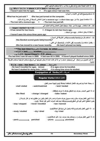Mr. Mohammed Deushy Ata Secondary Three71
8-‫بــ‬ ‫بدأنا‬ ‫و‬ ‫منفى‬ ‫تام‬ ‫مضارع‬ ‫الجملة‬ ‫كانت‬ ‫إذا‬It’s‫التالى‬ ‫التركيب‬ ‫نستخدم‬
It’s + ‫زمنية‬ ‫مدة‬ + since + ‫فاعل‬ + last + ‫مثبت‬ ‫بسيط‬ ‫ماضى‬
- I haven’t seen him for ages. = - It’s ages since I last saw him.
‫االثبات‬ ‫في‬ ‫غالبا‬‫السؤال‬ ‫و‬: (just) -‫تستخدم‬ 9
-What has he just said ? -She has just turned on the computer.
–‫استخدمنا‬ ‫إذا‬just‫من‬ ‫بدال‬a moment ago / a short time ago‫نح‬‫تام‬ ‫مضارع‬ ‫إلى‬ ‫البسيط‬ ‫الماضى‬ ‫ول‬‫مثبت‬.
- The train left a moment ago. = - The train has just left.
10-‫استخدام‬ ‫عند‬ago‫من‬ ‫بدال‬since / for‫التام‬ ‫المضارع‬ ‫نحول‬‫المثبت‬‫الى‬
began / started + to + inf.
- It has rained for two hours. = - It began to rain two hours ago.
-‫استخدام‬ ‫يمكن‬ ‫أنه‬ ‫الحظ‬ago‫مـع‬since:
- I haven't seen him since three years ago.
‫السؤال‬ ‫في‬ ‫الطريقة‬ ‫بنفس‬: (recently/lately) 11–‫كل‬ ‫تستخدم‬‫من‬
-Has Barakat scored goals lately/recently?
‫النفي‬ ‫في‬: (lately) ‫و‬ ‫االثبات‬ ‫(في‬ recently ) -‫استخدام‬ ‫يفضل‬
-She has moved to a new house recently. -He hasn't phoned me lately.
The last time+‫بسيط‬ ‫ماضي‬ ‫+جملة‬was in/ when ……. .
=‫فاعل‬ + last……… in/when…………………. .
= ‫+فاعل‬ haven't/hasn't + P.P. since.............................
-The last time I saw Ali was in 2009. =I last saw Ali in 2009. =I haven't played football since 2009.
-‫اذا‬‫من‬ ‫التحويل‬ ‫كان‬(for)‫الي‬(since)‫صعب‬)‫انة‬ ‫اي‬‫تاريخ‬ ‫الي‬ ‫تحويلھا‬ ‫يمكن‬ ‫ال‬ ‫المدة‬ ‫كانت‬ ‫لو‬(‫الطريقة‬ ‫نستخدم‬ ‫التركيبة‬ ‫نستخدم‬
‫التالية‬:
It ( is – was – has been ) ‫مدة‬ since ‫بسيط‬ ‫ماضي‬
- He hasn't travelled for ages. (since) - It is ages since he travelled.
He hasn’t studied for along time. ( since ) - It is along time since he studied.
‫االفعال‬ ‫تصريفات‬Conjugation of Verbs
‫االفعال‬‫المنتظمة‬Regular Verbs
1-‫بصفة‬‫باضافة‬ ‫المنتظمة‬ ‫االفعال‬ ‫تصريف‬ ‫يتم‬ ‫عامة‬(ed)‫مصدرالفعل‬ ‫لنھاية‬:
-visit/ visited - watch/watched - land / landed
2-‫بحرف‬ ‫المصدر‬ ‫انتھي‬ ‫اذا‬(e)‫حرف‬ ‫له‬ ‫يضاف‬ ‫الينطق‬(d)‫فقط‬:
-like /liked - change / changed - bake / baked
3-‫أن‬ ‫بشرط‬ ‫اكثر‬ ‫او‬ ‫واحد‬ ‫مقطع‬ ‫من‬ ‫يتكون‬ ‫الفعل‬ ‫كان‬ ‫و‬ ‫واحد‬ ‫متحرك‬ ‫بحرف‬ ‫مسبوق‬ ‫واحد‬ ‫ساكن‬ ‫بحرف‬ ‫الفعل‬ ‫انتھي‬ ‫اذا‬
: (ed) ‫اضافة‬ ‫قبل‬ ‫االخير‬ ‫الحرف‬ ‫يضاعف‬ ‫(فانه‬stressed) ‫قويا‬ ‫االخير‬ ‫المقطع‬ ‫يكون‬‫النطق‬ ‫في‬
- stop / stopped - travel / travelled - ban / banned
:(ed)‫اضافة‬ ‫قبل‬ (ie) ‫الي‬ ‫يتحول‬ ‫فانه‬ (y)‫بالحرف‬ ‫الفعل‬ ‫انتھي‬ ‫اذا‬ – 4
- study / studied - dry / dried - try / tried
: (ed)‫اضافة‬ ‫قبل‬ ( k ) ‫يضا‬‫حرف‬ ‫بعده‬ ‫ف‬ ( c ) ‫بحرف‬ ‫الفعل‬ ‫انتھي‬ ‫اذا‬ -5
- panic panicked - picnic picnicked
 