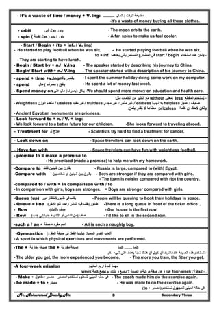 Mr. Mohammed Deushy Ata Secondary Three8
- It's a waste of time / money + V. ing: ‫للوقت‬ ‫مضيعة‬/‫المال‬...........
-It's a waste of money buying all these clothes.
- orbit ‫شئ‬ ‫حول‬ ‫يدور‬ - The moon orbits the earth.
- spin ‫يدور‬/‫يدير‬)‫نفسة‬ ‫حول‬( - A fan spins to make us feel cooler.
- Start / Begin + (to + inf. / V. ing)
- He started to play football when he was six. - He started playing football when he was six.
-‫استخدام‬ ‫عند‬ ‫ولكن‬start / begin‫بعدھما‬ ‫يأتي‬ ‫المستمر‬ ‫المضارع‬ ‫في‬to + inf.
- They are starting to have lunch.
- Begin / Start by + n./ V.ing - The speaker started by describing his journey to China.
- Begin/ Start with+ n./ V.ing - The speaker started with a description of his journey to China.
- spend + time +v.ing ‫يقضى‬‫وقت‬ - I spent the summer holiday doing some work on my computer.
- spend ‫ينفق‬)‫يصرف‬(‫مال‬ - He spent a lot of money last week.
- Spend money on ‫ينفق‬)‫يصرف‬(‫مال‬‫علي‬ -We should spend more money on education and health care.
-‫يستخدم‬ُ‫المقطع‬less‫بمعني‬without‫مثل‬ ‫الكلمات‬ ‫من‬ ‫الكثير‬ ‫مع‬:
- Weightless ‫الوزن‬ ‫منعدم‬ / useless ‫مفيد‬ ‫غير‬/ fruitless ‫غير‬‫مثمر‬/‫غير‬‫مجدي‬ / endless ‫بال‬‫نھاية‬ helpless ‫ضعيف‬/‫عاجز‬
‫كلمة‬ ‫أن‬ ‫الحظ‬ ‫ولكن‬priceless‫بثمن‬ ‫يقدر‬ ‫ال‬ ‫معناھا‬ُ:
- Ancient Egyptian monuments are priceless.
- Look forward to + n. / V. + ing:
- We look forward to a better future for our children. -She looks forward to traveling abroad.
– Treatment for ‫لـ‬ ‫عالج‬ - Scientists try hard to find a treatment for cancer.
– Look down on - Space travellers can look down on the earth.
– Have fun with - Space travelers can have fun with weightless football.
- promise to = make a promise to
- He promised (made a promise) to help me with my homework.
-Compare to ‫فقط‬ ‫شيئين‬ ‫بين‬ ‫يقارن‬ - Russia is large, compared to (with) Egypt.
-Compare with ‫شخصيين‬ ‫أو‬ ‫شيئين‬ ‫بين‬ ‫يقارن‬ - Boys are stronger if they are compared with girls.
- The town is noisier compared with (to) the country.
-compared to / with = in comparison with / to
- In comparison with girls, boys are stronger. = Boys are stronger compared with girls.
-Queue (up) ‫يقف‬‫في‬‫طابور‬‫دور‬ ‫ألنتظار‬ - People will be queuing to book their holidays in space.
- Queue = line ‫طابور‬)‫اآلخر‬ ‫تلو‬ ‫واحدا‬ ‫الناس‬ ‫فيه‬ ‫يقف‬( -There is a long queue in front of the ticket office .
- Row ‫صف‬)‫ثابت‬( - Our house is the first row.
- Row ‫صف‬)‫الناس‬ ‫من‬‫جنب‬ ‫إلى‬ ‫جنبا‬ ‫األشياء‬ ‫أو‬( - I’d like to sit in the second row.
-such a / an + ‫صفة‬ + ‫مفرد‬ ‫اسم‬ - Ali is such a naughty boy.
-Gymnastics ‫ألعاب‬‫القوي‬‫الجمباز‬)‫المفرد‬ ‫صيغة‬ ‫فى‬ ‫الفعل‬ ‫يليھا‬(
- A sport in which physical exercises and movements are performed.
-The + ‫ص‬‫يغ‬‫ة‬‫مقارنة‬, the + ‫ص‬‫يغ‬‫مقارنة‬ ‫ة‬ ‫كلما‬........‫كلما‬
‫الصيغة‬ ‫ھذه‬ ‫تستخدم‬‫آخر‬ ‫شيء‬ ‫على‬ ‫يعتمد‬ ‫شيئا‬ ‫ھناك‬ ‫أن‬ ‫نقول‬ ‫أن‬ ‫نريد‬ ‫عندما‬ -
- The older you get, the more experienced you become. - The more you train, the fitter you get.
-A four-week mission ‫لمدة‬ ‫مھمة‬‫ا‬ ‫اربع‬‫سابيع‬
.-‫أن‬ ‫الحظ‬four-week‫كلمة‬ ‫نجمع‬ ‫لم‬ ‫لذلك‬ ‫و‬ ‫تجمع‬ ‫ال‬ ‫الصفة‬ ‫و‬ ‫مركبة‬ ‫صفة‬ ‫عن‬ ‫عبارة‬week
- Make + ‫+مفعول‬ ‫مصدر‬ ‫المصدر‬ ‫نستخدم‬ ‫للمعلوم‬ ‫المبنى‬ ‫حالة‬ ‫فى‬ - The coach made him do the exercise again.
- be made + to + ‫مصدر‬ - He was made to do the exercise again.
-‫للمجھول‬ ‫المبنى‬ ‫حالة‬ ‫فى‬‫نستخدم‬)‫مصدر‬to +(
 