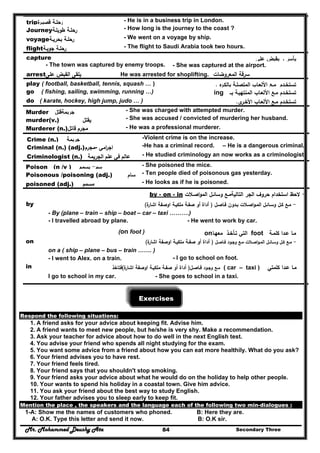 Mr. Mohammed Deushy Ata Secondary Three84
trip‫ة‬‫ﻗﺻﻳـر‬ ‫رﺣﻠـﺔ‬ - He is in a business trip in London.
Journey‫طوﻳﻠـﺔ‬ ‫رﺣﻠـﺔ‬ - How long is the journey to the coast ?
voyage‫ﺑﺣرﻳـﺔ‬ ‫رﺣﻠـﺔ‬ - We went on a voyage by ship.
flight ‫ﺟوﻳـ‬ ‫رﺣﻠـﺔ‬‫ﺔ‬ - The flight to Saudi Arabia took two hours.
capture ‫ﻋﻠﻰ‬ ‫ﻳﻘﺑض‬ ‫ـ‬ ‫ﻳﺄﺳر‬
- The town was captured by enemy troops. - She was captured at the airport.
arrest‫ﻋﻠﻰ‬ ‫اﻟﻘﺑض‬ ‫ﻳﻠﻘﻰ‬ ‫اﻟﻣﻌروﺿﺎت‬ ‫ﺳرﻗﺔ‬He was arrested for shoplifting.
play ( football, basketball, tennis, squash … ) ‫ﻩ‬‫ﺑﺎﻟﻛـر‬ ‫اﻟﻣﺗﺻﻠـﺔ‬ ‫اﻷﻟﻌـﺎب‬ ‫ﻣـﻊ‬ ‫ﺗﺳﺗﺧـدم‬.
go ( fishing, sailing, swimming, running …) ‫ﺗﺳﺗﺧـدم‬‫ﺑــ‬ ‫اﻟﻣﻧﺗﻬﻳـﺔ‬ ‫اﻷﻟﻌـﺎب‬ ‫ﻣـﻊ‬ing
do ( karate, hockey, high jump, judo … ) ‫اﻷﻟﻌ‬ ‫ﻣـﻊ‬ ‫ﺗﺳﺗﺧـدم‬‫ـ‬‫اﻷﺧ‬ ‫ﺎب‬‫ـ‬‫ى‬‫ر‬.
Murder ‫ﺟرﻳﻣﺔ‬‫ﻗﺗﻝ‬ - She was charged with attempted murder.
murder(v.) ‫ﻳﻘﺗﻝ‬ - She was accused / convicted of murdering her husband.
Murderer (n.) ‫ﻣﺟرم‬‫ﻗﺎﺗ‬‫ﻝ‬ - He was a professional murderer.
Crime (n.) ‫ﺟرﻳﻣﺔ‬ -Violent crime is on the increase.
Criminal (n.) (adj.)‫-ﻣﺟرم‬ ‫اﻣﻲ‬‫ر‬‫اﺟ‬ -He has a criminal record. – He is a dangerous criminal.
Criminologist (n.) ‫ﻋﺎﻟم‬‫ﻓﻲ‬‫ﻋﻠم‬‫اﻟﺟرﻳﻣﺔ‬ - He studied criminology an now works as a criminologist.
Poison (n /v ) ‫ﺳم‬-‫ﻳﺳﻣم‬ - She poisoned the mice.
Poisonous /poisoning (adj.) ‫ﺳﺎم‬ - Ten people died of poisonous gas yesterday.
poisoned (adj.) ‫ﻣﺳﻣم‬ - He looks as if he is poisoned.
by - on - in -‫اﻟﺗﺎﻟﻳﺔ‬ ‫اﻟﺟر‬ ‫ﺣروف‬ ‫اﺳﺗﺧدام‬ ‫ﻻﺣظ‬‫ﻣ‬‫ـ‬‫وﺳﺎﺋ‬ ‫ﻊ‬‫ـ‬‫اﺻ‬‫و‬‫اﻟﻣ‬ ‫ﻝ‬‫ـ‬‫ﻼت‬
by -‫ﻓـﺎﺻـﻝ‬ ‫ﺑـدون‬ ‫اﺻـﻼت‬‫و‬‫اﻟﻣـ‬ ‫وﺳـﺎﺋـﻝ‬ ‫ﻛـﻝ‬ ‫ﻣـﻊ‬)‫ﻣﻠﻛﻳـﺔ‬ ‫ﺻﻔـﺔ‬ ‫أو‬ ‫أداة‬‫ة‬‫اﺷﺎر‬ ‫اوﺻﻔﺔ‬(
- By (plane – train – ship – boat – car – taxi ……….)
- I travelled abroad by plane. - He went to work by car.
(on foot ) ‫ﻛﻠﻣـﺔ‬ ‫ﻋـدا‬ ‫ﻣـﺎ‬foot‫ﻣﻌﻬـﺎ‬ ‫ﺗـﺄﺧـذ‬ ‫اﻟﺗﻲ‬on
on -‫اﺻـﻼت‬‫و‬‫اﻟﻣـ‬ ‫وﺳـﺎﺋـﻝ‬ ‫ﻛـﻝ‬ ‫ﻣـﻊ‬‫ﻓـﺎﺻـﻝ‬ ‫وﺟـود‬ ‫ﻣـﻊ‬)‫ﻣﻠﻛﻳـﺔ‬ ‫ﺻﻔـﺔ‬ ‫أو‬ ‫أداة‬‫ة‬‫اﺷﺎر‬ ‫اوﺻﻔﺔ‬(
on a ( ship – plane – bus – train ……. )
- I went to Alex. on a train. - I go to school on foot.
in ‫ﻛﻠﻣﺗﻲ‬ ‫ﻋـدا‬ ‫ﻣـﺎ‬( car – taxi )‫ﻣ‬‫ـ‬‫ﻊ‬‫وﺟ‬‫ـ‬‫ود‬‫ﻓ‬‫ـ‬‫ﺎﺻ‬‫ـ‬‫ﻝ‬)‫ﻣﻠﻛﻳـ‬ ‫ﺻﻔـﺔ‬ ‫أو‬ ‫أداة‬‫ﺔ‬‫ة‬‫اﺷﺎر‬ ‫اوﺻﻔﺔ‬(‫ﻓﺗﺎﺧذ‬
I go to school in my car. - She goes to school in a taxi.
Exercises
Respond the following situations:
1. A friend asks for your advice about keeping fit. Advise him.
2. A friend wants to meet new people, but he/she is very shy. Make a recommendation.
3. Ask your teacher for advice about how to do well in the next English test.
4. You advise your friend who spends all night studying for the exam.
5. You want some advice from a friend about how you can eat more healthily. What do you ask?
6. Your friend advises you to have rest.
7. Your friend feels tired.
8. Your friend says that you shouldn't stop smoking.
9. Your friend asks your advice about what he would do on the holiday to help other people.
10. Your wants to spend his holiday in a coastal town. Give him advice.
11. You ask your friend about the best way to study English.
12. Your father advises you to sleep early to keep fit.
Mention the place , the speakers and the language each of the following two min-dialogues :
1-A: Show me the names of customers who phoned. B: Here they are.
A: O.K. Type this letter and send it now. B: O.K sir.
 