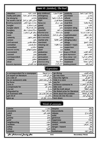 Mr. Mohammed Deushy Ata Secondary Three111
Unit 17- Steinbeck : The Pearl
attention ‫اھتمام‬/‫انتباه‬ early childhood ‫المبكرة‬ ‫الطفولة‬ publicity ‫دعاية‬/‫شھرة‬/‫شعبية‬
badly paid jobs ‫متدنية‬ ‫أجور‬ ‫ذات‬ ‫وظائف‬ emergency ‫الطوارئ‬ purchase ‫يشتري‬
be stung by ‫من‬ ‫يلدغ‬ُ entertainer ‫ترفيھية‬ ‫فقرات‬ ‫مقدم‬ refund ‫المال‬ ‫يعيد‬
be worth a lot of ‫المال‬ ‫من‬ ‫الكثير‬ ‫تساوي‬ flight
tt d t
‫طيران‬ ‫مضيفة‬ renovate ‫يجدد‬
Breathing equipment ‫التنفس‬ ‫أجھزة‬ ‫أو‬ ‫معدات‬ force (v) ‫يجبر‬ُ/‫يرغم‬ُ rival firm ‫منافسة‬ ‫شركة‬
burglar ‫لص‬)‫مساكن‬( greed ‫الجشع‬ scorpion ‫عقرب‬
burglar alarm ‫إنذار‬‫السرقة‬ ‫ضد‬ greedy ‫جشع‬ِ scorpion sting ‫عقرب‬ ‫لدغة‬
burglary ‫سرق‬‫ة‬)‫مسكن‬/ (‫سطو‬ hyacinth ‫النيل‬ ‫ورد‬ scorpion venom ‫العقرب‬ ‫سم‬
burgle ‫علي‬ ‫يسطو‬)‫مسكن‬( influential prize ‫ھامة‬ ‫جائزة‬ script ‫المسرحية‬ ‫أو‬ ‫الفيلم‬ ‫نص‬
cave ‫كھف‬ lay off workers ‫يستغني‬‫العمال‬ ‫عن‬ sophisticated ‫متقدم‬/‫متطور‬
celebrity ‫مشھور‬ ‫شخص‬ make a reservation ‫يح‬‫جز‬ stinginess ‫شح‬/‫بخل‬ُ
censor ‫رقيب‬ martial arts ‫القتالية‬ ‫الفنون‬ stinging (adj.) ‫الذع‬
civil servant ‫حكومي‬ ‫موظف‬ merchant ‫تاجر‬ stingy ‫بخيل‬/‫شحيح‬
comedian ‫كوميدي‬ ‫ممثل‬ missing car ‫مفقودة‬ ‫سيارة‬ subject = topic ‫موضوع‬
consultant ‫استشاري‬ oyster ‫محار‬ supervisor ‫مشرف‬
consumer society ‫استھالكي‬ ‫مجتمع‬ pearl ‫لؤلؤ‬ tactful ‫لبق‬
convenient ‫مالئم‬ pedestrian ‫المشاة‬ Grapes of Wrath ‫الغضب‬ ‫عناقيد‬
convert ‫يحول‬ِ َ ُ persuade ‫يقنع‬ great depression ‫العظيم‬ ‫الكساد‬
correspondent ‫مراسل‬ persuasion ‫إقناع‬ throw away / out ‫ش‬ ‫من‬ ‫يتخلص‬‫يء‬
creature ‫مخلوق‬ persuasive ‫مقنع‬ tournament ‫دورة‬)‫ألعاب‬(
diver ‫غواص‬ poisonous sting ‫سامة‬ ‫لدغة‬ treatment ‫عالج‬/‫معاملة‬
economic depression ‫اقتصادي‬ ‫كساد‬ private person ‫أو‬ ‫كتوم‬ ‫شخص‬
‫فظ‬ ‫ت‬
wedding present ‫زفاف‬ ‫ھدية‬
Expressions
a correspondent for a newspaper ‫لصحيفة‬ ‫مراسل‬ go diving ‫للغوص‬ ‫يذھب‬
an expert on literature ‫األدب‬ ‫في‬ ‫خبير‬ go into town ‫المدينة‬ ‫الي‬ ‫يذھب‬
at a rate of ‫بمعدل‬... have the right to ‫في‬ ‫الحق‬ ‫له‬
be on someone's side ‫شخص‬ ‫جانب‬ ‫الي‬ ‫يقف‬ hide in a cave ‫كھف‬ ‫في‬ ‫يختبيء‬
by force ‫بالقوة‬ pay for ‫ثمن‬ ‫يدفع‬..
cave in ‫يسقط‬/‫ينھار‬ sentence someone to ‫بـ‬ ‫شخص‬ ‫علي‬ ‫يحكم‬
compensate for ‫عن‬ ‫يعوض‬ take over ‫علي‬ ‫يستولي‬
cry out ‫يصرخ‬ tell the truth about ‫الحقيقة‬ ‫يقول‬
disgusted by ‫من‬ ‫يشمئز‬ the Nobel prize for literature ‫لآلداب‬ ‫نوبل‬ ‫جائزة‬
do business with ‫مع‬ ‫تجاري‬ ‫بعمل‬ ‫يقوم‬ think about the problem ‫المشكلة‬ ‫في‬ ‫يفكر‬
get rid of ‫من‬ ‫يتخلص‬ throw (it) into the sea ‫البحر‬ ‫في‬ ‫يرميھا‬
give up ‫يستسلم‬/‫عن‬ ‫يقلع‬ turn down ‫يرفض‬
Words & antonyms
admire ‫بـ‬ ‫يعجب‬ despise ‫يحتقر‬
ancestors ‫أسالف‬/‫أجداد‬ descendants ‫أحف‬‫اد‬
catch ‫علي‬ ‫يقبض‬ release ‫سراح‬ ‫يطلق‬
fluid ‫سائل‬ solid ‫صلب‬
greedy ‫جشع‬ generous ‫كريم‬
grief ‫حزن‬ happiness ‫سعادة‬
neighbouring ‫مجاور‬ distant / remote ‫بعيد‬/‫نائي‬
reckless ‫متھور‬ careful ‫حذر‬/‫حريص‬
safety ‫أمان‬ danger / hazard ‫خطر‬
virtue ‫فضيلة‬ vice ‫رذيلة‬
wisdom ‫حكمة‬ foolishness ‫حمق‬/‫غباء‬
 
