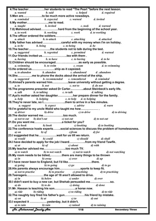 Mr. Mohammed Deushy Ata Secondary Three118
4.The teacher……………..her students to read ''The Pearl "before the next lesson.
a. wanted b. said c. helped d. required
5.Men are………………..to be much more active nowadays.
a. reminded b. expected c. warned d. invited
6.My mother…………………..me to read.
a. taught b. invited c. took d. warned
7.8) Mahmoud advised………………hard from the beginning of the school year.
a. to work b. working c. work d. to working
8.The officer ordered the soldiers……………… .
a. attack b. to attack c. attacking d. attacked
9.My father has advised ……………….careful with my money when I'm on holiday.
a. to be b. being c. to being d. be
10.The teacher…………………..the students not to talk during the test.
a. suggested b. regretted c. permitted d. warned
11.Our friends invited us……………………..tea with them .
a. having b. to have c. to having d. to be
12.Children should be encouraged……………………as early as possible.
a. swimming b. to swim c. swam d. to swimming
13.He ordered us……………………ship as it capsized.
a. to abandon b. abandon c. abandoned d . abandons
14.She……………me to phone the docks about the arrival of the ship.
a. suggested b. recommended c. remembered d. reminded
15.Ahmed's parents warned him……………..leave university without getting a degree.
a. to b. not c. not to d. do not
16.The programme presenter asked Dr Carter…………..about Steinbeck's early life.
a. talk b. to talking c. to talk d. talking
17.Aya's mother asked her daughter…………….her prepare dinner for the family.
a. help b. helping c. to help d. to helping
18.They're never late, so I…………………..them to arrive in a few minutes.
a. suggest b. expect c. advise d. warn
19.I'm grateful to my uncle Walid who taught me how……………… .
a) driver b) drive c) to drive d) to driving
20.The doctor warned me…………………too much.
a) not to eat b) don't eat c) not eat d) to not eat
21.Do you want me………………………..a ticket for you?
a) to book b) book c) booking d) to booking
22.The conference hosts experts……..social sciences to discuss the problem of homelessness.
a) on b) of c)from d) for
23.I suggested that he……………….wait for us till we return.
a) would b) could c) should d) shall
24.I have decided to apply for the job I heard……………..from my friend Tawfik.
a) at b) of c) about d) with
25.My teacher advised me…………………..too much TV.
a) to watch b) to not watch c) not to watch d) not watching
26.My room needs to be tidied,…………there are many things to be thrown
a) in b) away c) over d) up
27.I have never been to England, but I'd like…………………….there.
a) going b) to going c) go d) to go
28.His parents always encourage him………………….sports to keep fit.
a) not to practise b) to practise c) practising d) to practising
29.Teenagers………………the age of 18 aren't allowed to drive.
a) in b) below c) under d) over
30.I didn't want to buy a new car, but Shehab persuaded me…………………so.
a) do b) to do c) doing d) done
31.Mr. Hassan is teaching his son………………….a horse now.
a) ride b) riding c) to riding d) to ride
32.The naughty boy fired his father's gun…………………his friend by mistake.
a) on b) at c) to d) out
33.I expected it ………………yesterday, but it didn't.
a) to rain b) rain c) rained d) to raining
 