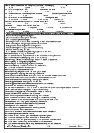 Mr. Mohammed Deushy Ata Secondary Three119
34.It is a free offer from the company; you don't need to pay………………..it.
a) for b) from c) at d) on
35.The building which I live………………….overlooks the Nile .
a) in b) at c) on d) for.
36.You should have called the police instead ……………..attacking the thief alone.
a) in b) off c) with d) of
37.The teacher asked the students…………………during the test.
a) not to talk b) to talk c) not talking d) to not talk
38.I don't know where my book is ; I think Ali took it………………mistake.
a) by b) on c) in d) with
39.Hoda……….me to have dinner with her.
a. insisted b. suggested c. invited d. recommended
40.He's teaching his son ………………..a horse.
a. ride b. riding c. to ride d. to riding
Find the mistake in each of the following sentences then write them correctly:
1.I was made doing the test again.
2.I don't want you being late for work.
3.I'd like seeing the manager.
4.It's impossible to teach him swimming as he's afraid of the water.
5.I've warned you not going near the water before.
6.My parents encouraged m"e doing better.
7.Remind me phoned you tomorrow evening.
8.I want him washing the car.
9.The police advised everyone staying clear of the area.
10.I recommend to stay at this hotel,
11.The police require any members of the public to coming forward.
12.You aren't allowed keeping. pets in the building.
13.I strongly advise you to seeing a doctor as soon as possible.
14.Everybody is obliged paying taxes.
15.Would you like me doing anything to help?
16.I advise to buy "The Best" series for distinction.
17.Teachers don't allow to eat in class.
18.I was advised concentrate well.
19.Don't worry for your exam. I'm sure you'll pass.
20.He agreed on helping me with my homework.
21.He complained with hotel manager about the food he had for breakfast.
22.He lowered his voice with the aim of she couldn't hear him.
23.He reminded me with buying a newspaper for him.
24.He suggested that she applies for the job.
25.He suggested to look for the information on the internet.
26.He told me phoned him the next day.
27. He went out to the Far East in order to he could set up his own import-export business.
28.Her parents wanted her gone to a good university.
29.Holidays in Egypt are popular for all kinds of tourists.
30.Ibn Batuta was a famous Arab exploiter.
31.I'd encourage everyone from working for a charity.
32.I'd like to find out more with studying in a different country.
33.I've lost one of my school books. Can you help me look at it?
34.My brother isn't very good for playing basketball.
35.My elder brother decided for traveling abroad.
36.Oil prices rose sharp last week.
37.Salem encouraged his brother working harder.
38.She recovered about her illness.
39.She was ashamed about herself when she made a mistake.
40.Smoking may result from cancer.
41.So that to be a doctor, you have to study for six years.
42.Teachers often forbid their students to work harder.
43.The main cause for global warming is the pollution from factories.
44.There was a remarkably improvement in the economy.
45.They went dismissing while they were searching for the treasure.
 