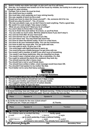 Mr. Mohammed Deushy Ata Secondary Three133
21. Nada's mobile was stolen last night, so she can't use it to call home.
22. One day, my husband was locked out of the house by mistake, but luckily he is able to get in
through an open window.
23. Perhaps Tom is tired. He must be tired.
24. She could have buy a mobile.
25. She must take a taxi yesterday as it was raining heavily.
26. She was capable of send me the e-mail
27. Should you have to clean the house yourself? – No, someone did it for me.
28. Should you play the piano? - Yes, of course.
29. We may use plastic cups, so we don't have to wash anything. That's a good idea.
30. We needn't to cook tonight. Take away is better.
31. What are you doing here? Need you be at college?
32. You aren't allow to throw litter in the park.
33. You be to finish this work before 10 o'clock, or you'll be fired.
34. You can make so much noise. We'll be asked to leave if you don't stop it.
35. You can't be tired after all your hard work.
36. You can't borrow my car on Saturday if you like.
37. You can't leave now. You may finish this work first.
38. You have to clean the kitchen today. I'll do it in a few hours.
39. You have to do your homework today. You can do it tomorrow.
40. You have to take any more pills. You are quite well now.
41. You may walk to work. I'll give you a lift.
42. You must begin with light exercises to warm up.
43. You must bring your mobile because I've got mine with me.
44. You mustn't ask a member of staff if you aren't sure of something.
45. You needn't use these medicines, they are classified as drugs.
46. You needn't wear a helmet when you ride a motorbike, it's vital.
47. You ought to watered the plants this weekend, they look dry.
48. You should exercise after a heavy meal.
49. You should had a rest or you'll break down.
50. You should have written a letter, a text message would have been OK.
51. You shouldn't had spoken to my mother like that.
52. You'd better not to carry that heavy suitcase.
Test 18
A- Language Functions
1- Respond to each of the following situations:
1. Someone thinks that we should ban cars 3 days a week.
2. You give your brother a permission to use you mobile.
3. You suggest reducing the amount of carbon dioxide.
4. You want your sister to open the door.
2- Mention the place, the speakers and the language function each of the following min-
dialogues:
1- A) Good morning, how can I help you? B) Good morning , I'd like to travel to Paris with my family
A) We have many tours to Paris this week. You can choose the one you like
2- A) I'd like two tickets for the nine o'clock show?
B) Here you are. I hope you enjoy it? A) Thanks.
B- Vocabulary and Structure
3. Choose the correct answer from a, b, c or d:
1. The children were so excited that they …………….. hardly speak.
a-could b- can c- have to d- might
2. I …………………. go to work yesterday. It was a national holiday.
a-didn't have to b- had to c- might d- needn't
3. You ……………….. purchased a new camera. You already have a good one.
- Place: …………… - Speaker A: ………….…… - Speaker B: ……………….. Function: ……………………
- Place: …………… - Speaker A: ………….…… - Speaker B: ……………….. Function: ……………………
 