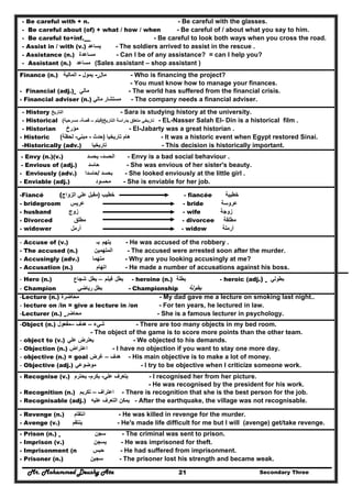 Mr. Mohammed Deushy Ata Secondary Three21
- Be careful with + n. - Be careful with the glasses.
- Be careful about (of) + what / how / when - Be careful of / about what you say to him.
- Be careful to+inf. - Be careful to look both ways when you cross the road.
- Assist in / with (v.) ‫يساعد‬ - The soldiers arrived to assist in the rescue .
- Assistance (n.) ‫مساعدة‬ - Can I be of any assistance? = can I help you?
- Assistant (n.) ‫مساعد‬ (Sales assistant – shop assistant )
Finance (n.) ‫المالية‬ - ‫يمول‬ - ‫مال‬ - Who is financing the project?
- You must know how to manage your finances.
- Financial (adj.) ‫مالي‬ - The world has suffered from the financial crisis.
- Financial adviser (n.) ‫مستشار‬‫مالي‬ - The company needs a financial adviser.
- History ‫التاريخ‬ - Sara is studying history at the university.
- Historical ‫بدراسة‬ ‫متعلق‬ ‫تاريخي‬‫التاريخ‬)‫فيلم‬–‫قصة‬-‫مسرحية‬( - EL-Nasser Salah El- Din is a historical film .
- Historian ‫مؤرخ‬ - El-Jabarty was a great historian .
- Historic ‫تاريخيا‬ ‫ھام‬)‫حدث‬-‫مبني‬-‫لحظة‬( - It was a historic event when Egypt restored Sinai.
-Historically (adv.) ‫تاريخيا‬ - This decision is historically important.
- Envy (n.)(v.) ‫الحسد‬-‫يحسد‬ - Envy is a bad social behaviour .
- Envious of (adj.) ‫حاسد‬ - She was envious of her sister's beauty.
- Enviously (adv.) ‫بحسد‬/‫حاسدا‬ - She looked enviously at the little girl .
- Enviable (adj.) ‫محسود‬ - She is enviable for her job.
-Fiancé ( ‫خطيب‬)‫الزواج‬ ‫علي‬ ‫مقبل‬ - fiancée ‫خطيبة‬
- bridegroom ‫عريس‬ - bride ‫عروسة‬
- husband ‫زوج‬ - wife ‫زوجة‬
- Divorced ‫مطلق‬ - divorcee ‫مطلقة‬
- widower ‫أرمل‬ - widow ‫أرملة‬
- Accuse of (v.) ‫يتھم‬‫بـ‬ - He was accused of the robbery .
- The accused (n.) ‫المتھمين‬ - The accused were arrested soon after the murder.
- Accusingly (adv.) ‫متھما‬ - Why are you looking accusingly at me?
- Accusation (n.) ‫اتھام‬ - He made a number of accusations against his boss.
- Hero (n.) ‫شجاع‬ ‫بطل‬ – ‫فيلم‬ ‫بطل‬ - heroine (n.) ‫بطلة‬ - heroic (adj.) ‫بطولي‬
- Champion ‫بطل‬‫رياضي‬ - Championship ‫بطولة‬
-Lecture (n.) ‫محاضرة‬ - My dad gave me a lecture on smoking last night..
- lecture on /in = give a lecture in /on - For ten years, he lectured in law.
-Lecturer (n.) ‫محاضر‬ - She is a famous lecturer in psychology.
-Object (n.) ‫شيء‬–‫ھدف‬–‫مفعول‬ - There are too many objects in my bed room.
- The object of the game is to score more points than the other team.
- object to (v.) ‫علي‬ ‫يعترض‬ - We objected to his demands.
- Objection (n.) ‫اعتراض‬ - I have no objection if you want to stay one more day.
- objective (n.) = goal ‫ھدف‬–‫غرض‬ - His main objective is to make a lot of money.
- Objective (adj.) ‫موضوعي‬ - I try to be objective when I criticize someone work.
- Recognise (v.) ‫علي‬ ‫يتعرف‬-‫يكرم‬-‫يحترم‬ - I recognised her from her picture.
- He was recognised by the president for his work.
- Recognition (n.) ‫اعتراف‬–‫تكريم‬ - There is recognition that she is the best person for the job.
- Recognisable (adj.) ‫عليه‬ ‫التعرف‬ ‫يمكن‬ - After the earthquake, the village was not recognisable.
- Revenge (n.) ‫انتقام‬ - He was killed in revenge for the murder.
- Avenge (v.) ‫ينتقم‬ - He's made life difficult for me but I will (avenge) get/take revenge.
- Prison (n.) ‫سجن‬ - The criminal was sent to prison.
- Imprison (v.) ‫يسجن‬ - He was imprisoned for theft.
- Imprisonment (n ‫حب‬‫س‬ - He had suffered from imprisonment.
- Prisoner (n.) ‫سجين‬ - The prisoner lost his strength and became weak.
 
