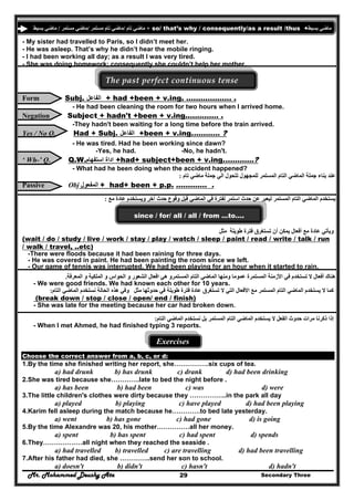 Mr. Mohammed Deushy Ata Secondary Three29
‫تام‬ ‫ماضي‬/‫مستمر‬ ‫تام‬ ‫ماضي‬/‫مستمر‬ ‫ماضي‬/‫بسيط‬ ‫ماضي‬ + so/ that’s why / consequently/as a result /thus +‫بسيط‬ ‫ماضي‬
- My sister had travelled to Paris, so I didn’t meet her.
- He was asleep. That’s why he didn’t hear the mobile ringing.
- I had been working all day; as a result I was very tired.
- She was doing homework; consequently she couldn’t help her mother.
The past perfect continuous tense 
Form Subj. ‫الفاعل‬ + had +been + v.ing. ………………. .
- He had been cleaning the room for two hours when I arrived home.
Negation Subject + hadn't +been + v.ing.…………. .
-They hadn't been waiting for a long time before the train arrived.
Yes / No Q. Had + Subj. ‫الفاعل‬ +been + v.ing.……….. ?
- He was tired. Had he been working since dawn?
-Yes, he had. -No, he hadn't.
‘ Wh-’ Q. Q.W.‫استفھام‬ ‫اداة‬ +had+ subject+been + v.ing.…………?
- What had he been doing when the accident happened?
-‫تام‬ ‫ماضي‬ ‫جملة‬ ‫الي‬ ‫تتحول‬ ‫للمجھول‬ ‫المستمر‬ ‫التام‬ ‫الماضي‬ ‫جملة‬ ‫بناء‬ ‫عند‬:
Passive Obj ‫المفعول‬ + had+ been + p.p. …………. .
‫ويستخد‬ ‫آخر‬ ‫حدث‬ ‫وقوع‬ ‫قبل‬ ‫الماضي‬ ‫في‬ ‫لفترة‬ ‫استمر‬ ‫حدث‬ ‫عن‬ ‫ليعبر‬ ‫المستمر‬ ‫التام‬ ‫الماضي‬ ‫يستخدم‬‫مع‬ ‫عادة‬ ‫م‬: -
since / for/ all / all / from …to….
‫مثل‬ ‫طويلة‬ ‫فترة‬ ‫تستغرق‬ ‫أن‬ ‫يمكن‬ ‫أفعال‬ ‫مع‬ ‫عادة‬ ‫ويأتي‬
(wait / do / study / live / work / stay / play / watch / sleep / paint / read / write / talk / run
/ walk / travel, ..etc)
-There were floods because it had been raining for three days.
- He was covered in paint. He had been painting the room since we left.
- Our game of tennis was interrupted. We had been playing for an hour when it started to rain.
-‫ھ‬‫عموم‬ ‫المستمرة‬ ‫األزمنة‬ ‫في‬ ‫تستخدم‬ ‫ال‬ ‫أفعال‬ ‫ناك‬‫المعرفة‬ ‫و‬ ‫الملكية‬ ‫و‬ ‫الحواس‬ ‫و‬ ‫الشعور‬ ‫افعال‬ ‫ھي‬ ‫المستمرو‬ ‫التام‬ ‫الماضي‬ ‫ومنھا‬ ‫ا‬.
- We were good friends. We had known each other for 10 years.
‫الم‬ ‫نستخدم‬ ‫الحالة‬ ‫ھذه‬ ‫وفي‬ ‫مثل‬ ‫حدوثھا‬ ‫في‬ ‫طويلة‬ ‫فترة‬ ‫عادة‬ ‫تستغرق‬ ‫ال‬ ‫التي‬ ‫األفعال‬ ‫مع‬ ‫المستمر‬ ‫التام‬ ‫الماضي‬ ‫يستخدم‬ ‫ال‬ ‫كما‬‫التام‬ ‫اضي‬:
(break down / stop / close / open/ end / finish)
- She was late for the meeting because her car had broken down.
‫التام‬ ‫الماضي‬ ‫نستخدم‬ ‫بل‬ ‫المستمر‬ ‫التام‬ ‫الماضي‬ ‫يستخدم‬ ‫ال‬ ‫الفعل‬ ‫حدوث‬ ‫مرات‬ ‫ذكرنا‬ ‫إذا‬:
- When I met Ahmed, he had finished typing 3 reports.
Exercises
Choose the correct answer from a, b, c, or d:
1.By the time she finished writing her report, she…………….six cups of tea.
a) had drunk b) has drunk c) drank d) had been drinking
2.She was tired because she………….late to bed the night before .
a) has been b) had been c) was d) were
3.The little children's clothes were dirty because they ……………..in the park all day
a) played b) playing c) have played d) had been playing
4.Karim fell asleep during the match because he………….to bed late yesterday.
a) went b) has gone c) had gone d) is going
5.By the time Alexandre was 20, his mother……………all her money.
a) spent b) has spent c) had spent d) spends
6.They………………all night when they reached the seaside .
a) had travelled b) travelled c) are travelling d) had been travelling
7.After his father had died, she …………..send her son to school.
a) doesn't b) didn't c) hasn't d) hadn't
 