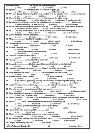 Mr. Mohammed Deushy Ata Secondary Three30
8.Before Dumas………………his novels, he had written plays.
a) wrote b) write c) had written d) writes
9.9-Ayman ……………for work for over a year before he got a job.
a) had looked b) looked c) had been looking d) looks
10. When we got up that morning, there was sand all over the streets. There ………a sand storm .
a) was b) were c) had been d) has been
11. When he died in 1870, his son……………….his finances for a few years.
a) looked after b) had been looking after c) looks after d) was looking after
12. Sara found lots of fresh bread on the table because her mother ..................... all morning .
a) had been baking b) was backing c) baking d) had backed
13. Ali ate a sandwich during the game because he………..enough time to eat before it started.
a) hadn't had b) doesn't have c) hasn't had d) didn't have
14. He ……..for only three weeks, so it is not surprising that he failed his driving test.
a) drove b) had driven c) had driven d) had been driving
15. Dumas checked what his assistants……………….. .
a) wrote b) written c) have written d) had written
16. After……………..her flat, Mona visited her aunt.
a) clean b) cleaning c) had cleaned d) has cleaned
17. I answered the questions ……………I had read them carefully .
a) till b) as soon as c) until d) before
18. We won't start till Amr……………..
a) had come b) came c) comes d) was coming
19. I……………all my lessons before I did the test .
a) had revised b) revised c) revise d) have revised
20. I decided to water the tree after I……………..it
a) plant b) planted c) planting d) had planted
21. Having ………………home, I heard an explosion.
a) leaving b)had left c) left d) leave
22. It wasn't…………………..Ola had passed her exam that she travelled abroad.
a) before b) after c) until d) when
23. I couldn't recognize my friend……………I hadn't seen him for so long.
a) till b) because c) no sooner d) hardly
24. Hany was over the moon………………….he had passed his final exams.
a) when b) till c) after d) then
25. Waleed couldn't buy a camera…………………..the shop had shut.
a) because b) till c) no sooner d) hardly
26. I………to the doctor's yesterday evening because I had been feeling ill for nearly a week .
a) go b) went c) have gone d) had gone
27. Hassan borrowed money from Aly………………..he had left his money at home
a) because b) after c) till d) before
28. When he arrived at school, Ahmed's hair was wet, it………………. .
a) rained b) was raining c) has rained d) had been raining
29. Abdu asked which team was red because he ………………..these teams before.
a) didn't see b) hadn't seen c) didn't see d) hasn't seen
30. Hamid's brother………he was at the match because Hamid had phoned him before he went.
a) knows b) knew c) had known d) has known
31. When I………….there I discovered that all the guests had already left.
a) arrive b) arrived c) had arrived d) was arriving
32. ……………Omar gone home before you arrived at the party?
a) Has b) Was c) Had d) Did
33. I didn't know who she was until I………………her.
a) met b) had met c) meeting d) have met
34. After…………….the tickets, he went out to do some courses.
a) booking b) have booked c) booked d) had booked
35. As soon as they had reached their destination; they…………..to empty their luggage.
a) begin b) had begun c) began d) have begun
36. Did you feel hungry after you……………your meal?
 