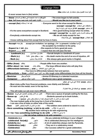 Mr. Mohammed Deushy Ata Secondary Three37
Language Notes
-‫استخدام‬ ‫عدم‬ ‫أو‬ ‫استخدام‬ ‫يمكن‬ ‫الفصول‬ ‫أسماء‬ ‫قبل‬the:
-It never snows here in (the) winter.
- Snow ‫الثلج‬)‫السماء‬ ‫من‬ ‫تسقط‬ ‫التي‬ ‫المتجمدة‬ ‫الماء‬ ‫قطرات‬( - The snow began to fall outside.
- Ice ‫الجليد‬ ‫أو‬ ‫الثلج‬)‫ثلجا‬ ‫ويصبح‬ ‫يتجمد‬ ‫عندما‬ ‫الماء‬( - Would you like ice in your juice?
- except (for) ‫عدا‬ ‫فيما‬/‫باستثناء‬ - Everyone went to the show except for Marwa .
-‫استخدام‬ ‫علي‬ ‫مالحظات‬except / except for:
1-‫نستخدم‬except‫الربط‬ ‫وأدوات‬ ‫الجر‬ ‫حروف‬ ‫قبل‬ ‫فقط‬:
- It's the same everywhere except in Scotland. - He's good-looking except when he smiles.
2-‫بعد‬ ‫المفعول‬ ‫ضمير‬ ‫أو‬ ‫االسم‬ ‫يستخدم‬except / except for:
- Everybody understands except me. - We are all ready except for her.
3-‫أن‬ ‫الحظ‬except that‫جملة‬ ‫بعدھا‬ ‫يأتي‬:
- I know nothing about him except that he lives in Cairo.
- Accept + n ‫يقبل‬ accept (an invitation / an apology ‫اعتذار‬ / a present / a bribe ‫رشوة‬)
- He accepted my invitation to the party.
- Expect to + inf. ‫يتوقع‬ - She expects to find a good job soon.
- Expect …….. will - I expect that she will pass the test.
- Differ (from) ‫يختلف‬ - People differ from one another.
- Differ about / on / over ‫يختلف‬‫بشأن‬ -The boys differed about who will play first.
- differentiate between … and … ‫الفرق‬ ‫يميز‬/‫االختالف‬ ‫يبين‬
- You have to differentiate between fact and opinion.
-differentiate … from … -‫الفرق‬ ‫يميز‬/‫االختالف‬ ‫يبين‬ His rough voice differentiates him from all his friends.
- Musician ‫عازف‬/‫موسيقار‬ - Ammar Ei-Shereay is a talented musician.
- Composer ‫ملح‬ُ‫ن‬/‫موسيقي‬ ‫مؤلف‬ - Beethoven was a great composer.
-‫تستخدم‬ُeven‫متوقع‬ ‫غير‬ ‫شيء‬ ‫علي‬ ‫للداللة‬:
- Most clubs suffer from financial problems, even Alahly and Zamalek.
- He want win the medal, even in his top form.
-‫تستخدم‬ُeven‫المقارنة‬ ‫حالة‬ ‫في‬ ‫الصفات‬ ‫مع‬:
- This will make our job even more difficult.
- Queue ‫الناس‬ ‫من‬ ‫طابور‬)‫شيء‬ ‫علي‬ ‫الحصول‬ ‫بغرض‬( - There was a queue of people waiting for the bus.
- Queue up ‫طابور‬ ‫في‬ ‫يقف‬ - Students queued up to book tickets .
- line ( queue ‫طابور‬/‫صف‬‫األشياء‬ ‫أو‬ ‫الناس‬ ‫من‬)‫معني‬ ‫بنفس‬ ‫تستخدم‬ ‫أن‬ ‫أيضا‬ ‫ويمكن‬
- The man looked sadly at the long line in front of the bakery.
- I can see a line of trees on either side of the canal.
- Row ‫أو‬ ‫الناس‬ ‫من‬ ‫صف‬‫األشياء‬)‫غالبا‬ ‫متجاور‬( - The soldiers were ordered to stand in a row.
- Have something (nothing / a lot) to do with ‫بـ‬ ‫عالقة‬ ‫له‬ ‫ليس‬ ‫أو‬ ‫له‬
- My studies have nothing to do with engineering.
- It + be / has something (nothing) to do with ‫بـ‬ ‫عالقة‬ ‫له‬ ‫ليس‬ ‫أو‬ ‫له‬
- Her job is/has nothing to do with carpentry.
- Celebrate (v.) ‫يح‬‫تفل‬ - Do you celebrate birthdays in your village?
- celebrated for(adj.) ‫مشھور‬ - He is celebrated (famous) for his intelligence.
-Celebrity (n.) ‫شخص‬‫مشھور‬ - A lot of celebrities always visit the Pyramids.
- Celebratory (adj.) ‫احتفالي‬ - They are in a celebratory mood.
- Celebration ‫احتفال‬ - Our success called for a great celebration.
- Landmark (n.) ‫بارز‬ ‫معلم‬-‫بارز‬ ‫حدث‬ - Karnak temple is a landmark of Luxor.
- Mark (v.) ‫عالمة‬ ‫يميز‬–‫يحتفل‬-‫يضع‬ - His death marks the end of an era of injustice. ‫الظلم‬
- Mark (n.) ‫عالمة‬-‫درجة‬-‫مستوي‬ - She always gets good marks in English.
 