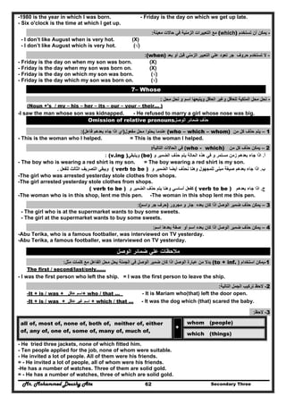 Mr. Mohammed Deushy Ata Secondary Three62
-1980 is the year in which I was born. - Friday is the day on which we get up late.
- Six o'clock is the time at which I get up.
-‫تستخدم‬ ‫أن‬ ‫يمكن‬(which)‫التعبيرات‬ ‫مع‬‫معينة‬ ‫حاالت‬ ‫في‬ ‫الزمنية‬:
- I don’t like August when is very hot. (X)
- I don’t like August which is very hot. (√)
-‫بعد‬ ‫أو‬ ‫قبل‬ ‫الزمني‬ ‫التعبير‬ ‫علي‬ ‫تعود‬ ‫جر‬ ‫حروف‬ ‫تستخدم‬ ‫ال‬(when):
- Friday is the day on when my son was born. (X)
- Friday is the day when my son was born on. (X)
- Friday is the day on which my son was born. (√)
- Friday is the day which my son was born on. (√)
7– Whose
-‫اسم‬ ‫ويتبعھا‬ ‫العاقل‬ ‫وغير‬ ‫للعاقل‬ ‫الملكية‬ ‫محل‬ ‫تحل‬‫محل‬ ‫تحل‬ ‫و‬:
(Noun +'s / my – his – her – its – our – your – their… )
-I saw the man whose son was kidnapped. - He refused to marry a girl whose nose was big.
Omission of relative pronouns‫الوصل‬ ‫ضمائر‬ ‫حذف‬
1–‫من‬ ‫كل‬ ‫حذف‬ ‫يتم‬(who – which – whom)‫عند‬‫مفعول‬ ‫محل‬ ‫يحلوا‬ ‫ما‬)‫اي‬‫فاعل‬ ‫بعدھم‬ ‫جاء‬ ‫اذا‬:(
- This is the woman who I helped. = This is the woman I helped.
2–‫من‬ ‫كل‬ ‫حذف‬ ‫يمكن‬who - which)(‫التالية‬ ‫الحاالت‬ ‫في‬:
‫أ‬.‫مستمر‬ ‫زمن‬ ‫بعدھم‬ ‫جاء‬ ‫اذا‬‫يتم‬ ‫الحالة‬ ‫ھذه‬ ‫في‬ ‫و‬‫و‬ ‫الضمير‬ ‫حذف‬(be)‫ويتبقي‬(v.ing ):
- The boy who is wearing a red shirt is my son. = The boy wearing a red shirt is my son.
‫ب‬.‫و‬ ‫الضمير‬ ‫أيضا‬ ‫نحذف‬ ‫وھنا‬ ‫للمجھول‬ ‫مبنى‬ ‫صيغة‬ ‫بعدھم‬ ‫جاء‬ ‫اذا‬( verb to be )‫للفعل‬ ‫الثالث‬ ‫التصريف‬ ‫ويبقي‬.
-The girl who was arrested yesterday stole clothes from shops.
-The girl arrested yesterday stole clothes from shops.
‫ج‬.‫بعدھم‬ ‫جاء‬ ‫اذا‬( verb to be )‫و‬ ‫الضمير‬ ‫حذف‬ ‫يتم‬ ‫وھنا‬ ‫أساسي‬ ‫كفعل‬( verb to be )
-The woman who is in this shop, lent me this pen. -The woman in this shop lent me this pen.
3–‫ي‬‫حذف‬ ‫مكن‬‫اذا‬ ‫الوصل‬ ‫ضمير‬‫مجرور‬ ‫و‬ ‫جار‬ ‫بعده‬ ‫كان‬)‫واسم‬ ‫جر‬ ‫حرف‬(:
- The girl who is at the supermarket wants to buy some sweets.
- The girl at the supermarket wants to buy some sweets.
4–‫حذف‬ ‫يمكن‬‫اذا‬ ‫الوصل‬ ‫ضمير‬‫اسم‬ ‫بعدھا‬ ‫صفة‬ ‫أو‬ ‫اسم‬ ‫بعده‬ ‫كان‬:
-Abu Terika, who is a famous footballer, was interviewed on TV yesterday.
-Abu Terika, a famous footballer, was interviewed on TV yesterday.
‫الوصل‬ ‫ضمائر‬ ‫علي‬ ‫مالحظات‬
1-‫استخدام‬ ‫يمكن‬)(to + inf.‫الفاعل‬ ‫محل‬ ‫يحل‬ ‫الجملة‬ ‫في‬ ‫الوصل‬ ‫ضمير‬ ‫كان‬ ‫اذا‬ ‫الوصل‬ ‫عبارة‬ ‫من‬ ‫بدال‬‫كلمات‬ ‫مع‬‫مثل‬:
The first / second/last/only……
- I was the first person who left the ship. = I was the first person to leave the ship.
2-‫ا‬ ‫الجمل‬ ‫تركيب‬ ‫الحظ‬‫لتال‬‫ية‬:
-It + is / was + ‫عاقل‬ ‫+اسم‬ who / that … - It is Mariam who(that) left the door open.
-It + is / was + ‫عاقل‬ ‫غير‬ ‫اسم‬ + which / that … - It was the dog which (that) scared the baby.
3-‫الحظ‬:
whom (people)all of, most of, none of, both of, neither of, either
of, any of, one of, some of, many of, much of,
+
which (things)
- He tried three jackets, none of which fitted him.
- Ten people applied for the job, none of whom were suitable.
- He invited a lot of people. All of them were his friends.
= - He invited a lot of people, all of whom were his friends.
-He has a number of watches. Three of them are solid gold.
= - He has a number of watches, three of which are solid gold.
 