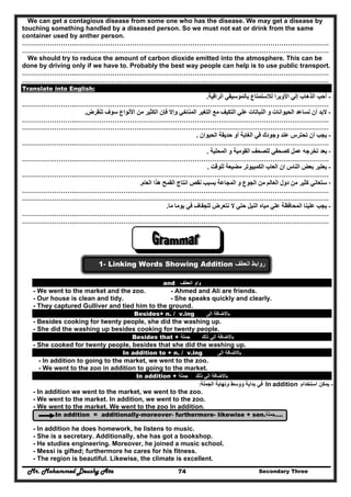 Mr. Mohammed Deushy Ata Secondary Three74
We can get a contagious disease from some one who has the disease. We may get a disease by
touching something handled by a diseased person. So we must not eat or drink from the same
container used by anther person.
…………………….………………………………………………………………………………………………………
…………………….………………………………………………………………………………………………………
We should try to reduce the amount of carbon dioxide emitted into the atmosphere. This can be
done by driving only if we have to. Probably the best way people can help is to use public transport.
…………………….………………………………………………………………………………………………………
…………………….………………………………………………………………………………………………………
Translate into English:
-‫الراقية‬ ‫بالموسيقي‬ ‫لالستمتاع‬ ‫األوبرا‬ ‫إلي‬ ‫الذھاب‬ ‫أحب‬.
…………………….………………………………………………………………………………………………………
-‫تنقرض‬ ‫سوف‬ ‫األنواع‬ ‫من‬ ‫الكثير‬ ‫فإن‬ ‫وإال‬ ‫المناخي‬ ‫التغير‬ ‫مع‬ ‫التكيف‬ ‫علي‬ ‫النباتات‬ ‫و‬ ‫الحيوانات‬ ‫نساعد‬ ‫أن‬ ‫البد‬.
…………………….………………………………………………………………………………………………………
…………………….………………………………………………………………………………………………………
-‫الحيوان‬ ‫حديقة‬ ‫أو‬ ‫الغابة‬ ‫في‬ ‫وجودك‬ ‫عند‬ ‫تحترس‬ ‫أن‬ ‫يجب‬.
…………………….………………………………………………………………………………………………………
-‫المحلية‬ ‫و‬ ‫القومية‬ ‫للصحف‬ ‫كصحفي‬ ‫عمل‬ ‫تخرجه‬ ‫بعد‬.
…………………….………………………………………………………………………………………………………
-‫يعتبر‬‫للوقت‬ ‫مضيعة‬ ‫الكمبيوتر‬ ‫العاب‬ ‫ان‬ ‫الناس‬ ‫بعض‬.
…………………….………………………………………………………………………………………………………
-‫العام‬ ‫ھذا‬ ‫القمح‬ ‫انتاج‬ ‫نقص‬ ‫بسبب‬ ‫المجاعة‬ ‫و‬ ‫الجوع‬ ‫من‬ ‫العالم‬ ‫دول‬ ‫من‬ ‫كثير‬ ‫ستعاني‬.
…………………….………………………………………………………………………………………………………
…………………….………………………………………………………………………………………………………
-‫ما‬ ‫يوما‬ ‫في‬ ‫للجفاف‬ ‫نتعرض‬ ‫ال‬ ‫حتي‬ ‫النيل‬ ‫مياه‬ ‫علي‬ ‫المحافظة‬ ‫علينا‬ ‫يجب‬.
…………………….………………………………………………………………………………………………………
…………………….………………………………………………………………………………………………………
1- Linking Words Showing Addition ‫العطف‬ ‫روابط‬
and ‫و‬‫العطف‬ ‫او‬
- We went to the market and the zoo. - Ahmed and Ali are friends.
- Our house is clean and tidy. - She speaks quickly and clearly.
- They captured Gulliver and tied him to the ground.
Besides+ n. / v.ing ‫باالضافة‬‫ال‬‫ى‬
- Besides cooking for twenty people, she did the washing up.
- She did the washing up besides cooking for twenty people.
Besides that + ‫جملة‬ ‫باالضافة‬‫ذلك‬ ‫الي‬
- She cooked for twenty people, besides that she did the washing up.
In addition to + n. / v.ing ‫باالضافة‬‫الى‬
- In addition to going to the market, we went to the zoo.
- We went to the zoo in addition to going to the market.
In addition + ‫جملة‬ ‫باالضافة‬‫ذلك‬ ‫الي‬
-‫استخدام‬ ‫يمكن‬In addition‫في‬‫الجملة‬ ‫ونھاية‬ ‫ووسط‬ ‫بداية‬:
- In addition we went to the market, we went to the zoo.
- We went to the market. In addition, we went to the zoo.
- We went to the market. We went to the zoo In addition.
In addition = additionally-moreover- furthermore- likewise + sen.‫.…جملة‬
- In addition he does homework, he listens to music.
- She is a secretary. Additionally, she has got a bookshop.
- He studies engineering. Moreover, he joined a music school.
- Messi is gifted; furthermore he cares for his fitness.
- The region is beautiful. Likewise, the climate is excellent.
 