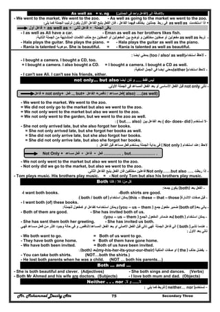 Mr. Mohammed Deushy Ata Secondary Three75
As well as + v. ng ‫إلى‬ ‫باإلضافة‬)‫الجملتين‬ ‫فى‬ ‫واحد‬ ‫الفاعل‬(
- We went to the market. We went to the zoo. - As well as going to the market we went to the zoo.
‫استخدمت‬ ‫اذا‬as well as‫األول‬ ‫الفاعل‬ ‫يتبع‬ ‫الفعل‬ ‫فان‬ ، ‫الفاعل‬ ‫فيھما‬ ‫يختلف‬ ‫جملتين‬ ‫ربط‬ ‫في‬‫ترتي‬ ‫يكون‬‫يلى‬ ‫كما‬ ‫الجملة‬ ‫ب‬:
‫فاعل‬‫أول‬ + as well as + ‫فاعل‬‫ثاني‬ + ‫الجملة‬ ‫باقى‬
- I as well as Ali have a car. - Eman as well as her brothers likes fish.
-‫تربط‬as well as‫ا‬ ‫حذف‬ ‫مع‬ ‫الصفتين‬ ‫أو‬ ‫المفعولين‬ ‫بين‬ ‫توضع‬ ‫و‬ ‫مختلفين‬ ‫صفتين‬ ‫أو‬ ‫مفعولين‬‫الثانية‬ ‫الجملة‬ ‫من‬ ‫المتشابھة‬ ‫لكلمات‬:
- Hala plays the guitar. She plays the piano. = - Hala plays the guitar as well as the piano.
- Rania is talented ‫.موھوبة‬ She is beautiful. = - Rania is talented as well as beautiful.
: ‫ايضا‬ ‫بمعني‬ (too / also/ as well) -‫الحظ‬‫استخدام‬
- I bought a camera. I bought a CD, too.
= I bought a camera. I also bought a CD. = I bought a camera. I bought a CD as well.
‫المنفية‬ ‫الجمل‬ ‫في‬ ‫ايضا‬ ‫بمعني‬: (either ) -‫استخدام‬ ‫الحظ‬
- I can't see Ali. I can't see his friends, either.
not only... but also ‫فقط‬ ‫ليس‬......‫لكن‬ ‫و‬‫أيضا‬
-‫تأتى‬not only‫األولى‬ ‫الجملة‬ ‫فى‬ ‫المساعد‬ ‫الفعل‬ ‫بعد‬ ‫أو‬ ‫األساسى‬ ‫الفعل‬ ‫قبل‬.
‫فاعل‬ + not only+ ‫فعل‬ .., but+ ‫الفاعل‬ + ‫فعل‬‫مساعد‬/‫ناقص‬ ( also) ….(as well) .
- We went to the market. We went to the zoo.
= We did not only go to the market but also we went to the zoo.
= We not only went to the market but also we went to the zoo.
= We not only went to the garden, but we went to the zoo as well.
: ( but…. also) ‫بين‬ ‫الفاعل‬ ‫بعد‬ ( do- does- did ) ‫تستخد‬ ‫ال‬‫م‬ -
- She not only arrived late, but she also forgot her books.
= She not only arrived late, but she forgot her books as well.
= She did not only arrive late, but she also forgot her books.
= She did not only arrive late, but also she forgot her books.
‫الفاعل‬ ‫قبل‬ ‫مساعد‬ ‫فعل‬ ‫يستخدم‬ ‫الجملة‬ ‫بداية‬ ‫في‬: ( Not only ) ‫الحظ‬:‫استخدام‬ ‫عند‬
Not Only + ‫فعل‬‫مساعد‬ + ‫فاعل‬ + ‫فعل‬ …………. , but……………… .
- We not only went to the market but also we went to the zoo.
- Not only did we go to the market, but also we went to the zoo.
-‫ربطت‬ ‫إذا‬Not only……but also …..‫مختلفين‬ ‫فاعلين‬‫فان‬‫الفعل‬‫يتبع‬‫الثانى‬ ‫الفاعل‬.
- Tom plays music. His brothers play music. = - Not only Tom but also his brothers play music.
Both ‫كل‬‫من‬/‫كال‬/‫كلتا‬
-‫بعد‬ ‫الفعل‬(both)‫يكون‬‫جم‬‫عا‬:
-I want both books. -Both shirts are good.
:( both / both of ) ‫استخدام‬ ‫يمكن‬ (this – these – that – those ) -‫االشارة‬ ‫صفات‬ ‫قبل‬
- I want both (of) these books.
-‫بعد‬ ‫ياتي‬(both of )‫مفعول‬ ‫ضمير‬‫جمع‬(you – us – them )‫و‬‫استخدا‬ ‫يمكن‬‫مه‬‫للجملة‬ ‫كمفعول‬ ‫او‬ ‫كفاعل‬:
- Both of them are good. - She has invited both of us.
-‫استخدام‬ ‫يمكن‬( both )‫المفعول‬ ‫ضمائر‬ ‫بعد‬‫الجمع‬(you – us – them ):
- She has sent them both her greeting. - She has invited us both.
-‫تشير‬ ‫عندما‬( both )‫المساعد‬ ‫الفعل‬ ‫بعد‬ ‫او‬ ‫االصلي‬ ‫الفعل‬ ‫قبل‬ ‫تاتي‬ ‫فھي‬ ‫الجملة‬ ‫فاعل‬ ‫الي‬/‫الناقص‬.‫ي‬‫فھ‬ ‫ساعد‬‫م‬ ‫ل‬‫فع‬ ‫ن‬‫م‬ ‫ر‬‫اكث‬ ‫ود‬‫وج‬ ‫حالة‬ ‫في‬ ‫و‬
‫االول‬ ‫بعد‬ ‫تاتي‬:
- We both want to go. = Both of us want to go.
- They have both gone home. = Both of them have gone home.
- We have both been invited. = Both of us have been invited.
: (both) ‫(بعد‬my-his-her-its-your-our-their) ‫الملكية‬ ‫صفات‬ ‫او‬ ( the ) -‫حذف‬ ‫يفضل‬
- You can take both shirts. (NOT…both the shirts.)
- He lost both parents when he was a child. (NOT … both his parents…)
Both … and …
- She is both beautiful and clever. (Adjectives) - She both sings and dances. (Verbs)
- Both Mr Ahmed and his wife are doctors. (Subjects) - I love both mum and dad. (Objects)
Neither . . . nor ‫ال‬......‫ال‬ ‫و‬.
‫يلي‬ ‫كما‬ ‫للربط‬: ( neither… nor )‫تستخدم‬ –
 