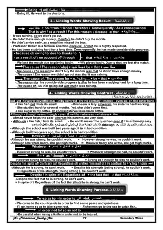 Mr. Mohammed Deushy Ata Secondary Three77
Being +( adj.) ‫ص‬‫ـ‬‫فــــ‬‫ة‬ + ‫جملة‬ …………………..…… .
- Being ill, He went to the doctor’s.
3 - Linking Words Showing Result ‫النتيجة‬ ‫روابط‬
‫جملة‬‫سبب‬ + So / thus / Hence/ Therefore / Consequently / As a consequence/
That is why / as a result / For this reason / Because of that + ‫جملة‬‫نتيجة‬ …
- It was raining, so we didn't go out.
- He didn't have enough money, therefore he didn't buy the mobile.
- He didn't arrive early, as a result he missed the bus.
- Professor Brown is a famous scientist. Because of that, he is highly respected.
- He has been studying hard for a long time. Consequently, he has made considerable progress.
- because of/ owing to/ due to/ thanks to
- as a result of / on account of/ through that + +‫نتيجة‬ ‫جملة‬ ‫سبب‬ ‫جملة‬
- We lost the match due to playing badly. = We played badly. Due to that, we lost the match.
The cause / The reason(why) + ‫نتيجة‬ ‫+جملة‬ be + that + ‫سبب‬ ‫جملة‬ …
-The cause / The reason he didn't buy the mobile was that he didn't have enough money.
- The cause / The reason we didn't go out was that it was raining.
The cause of / The reason for + n. / v.ing… + be + that + ‫سبب‬ ‫جملة‬ ….
- The reason for his considerable progress is that he has been studying hard for a long time.
- The cause of ( us )not going out was that it was raining.
4– Linking Words Showing Contrast ‫التناقض‬ ‫روابط‬
-‫جملة‬ ‫بعدھا‬ ‫ياتي‬ ‫التالية‬ ‫الروابط‬ ‫ان‬ ‫الحظ‬:
but -yet -however-nevertheless - in/by contrast -on the contrary- instead - even so- on the other hand
-I like fish but I hate its smell. - Ibraheem is lazy. However, his sister is hard working.
- She studied hard for several months. Yet, she didn’t come first.
-I like sugar in my coffee. In contrast Marwa likes black coffee.
Although - though –even though - even if –while - whereas - whatever+ ‫جملة‬ …. .
- Ahmed never helps the poor whereas his parents are very kind.
- Although I like fish, I hate its smell. - He won't answer the question even if it is extremely easy.
--‫استخدام‬ ‫يمكن‬‫استخدام‬ ‫يمكن‬‫بعد‬ ‫الثالث‬ ‫التصريف‬‫بعد‬ ‫الثالث‬ ‫التصريف‬although‫الم‬ ‫في‬ ‫أصال‬ ‫الجملة‬ ‫كانت‬ ‫إذا‬‫الم‬ ‫في‬ ‫أصال‬ ‫الجملة‬ ‫كانت‬ ‫إذا‬‫للمجھول‬ ‫بني‬‫للمجھول‬ ‫بني‬‫المساعد‬ ‫الفعل‬ ‫حذف‬ ‫مع‬‫المساعد‬ ‫الفعل‬ ‫حذف‬ ‫مع‬::
- Although the school was built two years ago, it is in bad condition.
- Although built two years ago, the school is in bad condition.
However + ( ‫فـعــل‬+‫فـاعــل‬+‫أو‬ ‫صفــة‬)‫ظــرف‬
-Although he was strong, he couldn’t work. = However strong he was, he couldn’t work.
-Although she wrote badly, she got high marks. = However badly she wrote, she got high marks.
Whatever + ‫ف‬‫ـ‬‫عـ‬‫ـ‬‫ل‬+‫ف‬‫ـ‬‫اعـ‬‫ـ‬‫ل‬+‫إسـ‬‫ـ‬‫م‬
- However strong he was, he couldn’t work. = Whatever strength he had, he couldn't work.
‫صفة‬ + as / though + ‫ف‬‫ـا‬‫عـ‬‫ــ‬‫ل‬ + ‫ف‬‫ـ‬‫عـ‬‫ــ‬‫ل‬
-However strong he was, he couldn’t work. = Strong as / though he was he couldn't work.
Despite / In spite of/ Contrary to/ Regardless of/ unlike / instead of / In contrast to + V.ing / noun ‫إســم‬
-Although he is strong, he can't work. = Despite his strength (being strong), he couldn’t work.
= Regardless of his strength ( being strong ), he couldn’t work.
Despite / In spite of / Regardless of + the fact that ‫او‬ that ‫كـاملـة‬ ‫جمـلـة‬+ .
-Despite the fact that he is strong, he can’t work.
= In spite of / Regardless of the fact that (that) he is strong, he can’t work.
5- Linking Words Showing Purpose‫الغرض‬ ‫روابط‬
To -so as to - in order to ‫لكي‬ +inf. ‫…………المصـــدر‬ .
- We came to the countryside in order to find some peace and quietness.
- I'll go home so as to take some rest. - Fishermen go to the sea to catch fish.
in order not to/ so as not to
-Be careful when using a knife in order not to be injured.
 