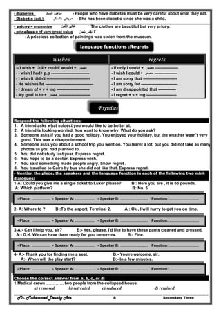 Mr. Mohammed Deushy Ata Secondary Three8
- diabetes ‫مرض‬‫السكر‬ - People who have diabetes must be very careful about what they eat.
- Diabetic (adj.) ‫مريض‬‫بالسكر‬ - She has been diabetic since she was a child.
- pricey = expensive ‫الثمن‬ ‫غالي‬ - The clothes are beautiful but very pricey.
- priceless = of very great value ‫بثمن‬ ‫يقدر‬ ‫ال‬َ ُ
- A priceless collection of paintings was stolen from the museum.
language functions :Regrets
wishes  regrets 
-- I wish + ‫فاعل‬ + could/ would + ‫مصدر‬
- I wish I had+ p.p ----------------------------
- I wish it didn't --------------------------------
- He wishes he -----------------------------------
- I dream of + v + ing ------------------------
- My goal is to + ‫مصدر‬ -----------------------
- If only I could + ‫مصدر‬ -----------------
- I wish I could + ‫مصدر‬ -----------------
- I am sorry that -------------------------
- I am sorry for ---------------------------
- I am disappointed that -------------
- I regret + v + ing ----------------------
Exercises
Respond the following situations:
1. A friend asks what subject you would like to be better at.
2. A friend is looking worried. You want to know why. What do you ask?
3. Someone asks if you had a good holiday. You enjoyed your holiday, but the weather wasn't very
good. This was a disappointment.
4. Someone asks you about a school trip you went on. You learnt a lot, but you did not take as many
photos as you had planned to.
5. You did not study last year. Express regret.
6. You hope to be a doctor. Express wish.
7. You said something made people angry. Show regret .
8. You travelled to Cairo by bus she did not like that. Express regret.
- Mention the place, the speakers and the language function in each of the following two mini-
dialogues:
1-A: Could you give me a single ticket to Luxor please? B : Here you are , it is 60 pounds.
A: Which platform? B: No. 5
2- A: Where to ? B :To the airport, Terminal 2. A : Ok , I will hurry to get you on time.
3-A:- Can I help you, sir? B:- Yes, please. I'd like to have these pants cleaned and pressed.
A:- O.K. We can have them ready for you tomorrow. B:- Fine.
4- A:- Thank you for finding me a seat. B:- You're welcome, sir.
A:- When will the play start? B:- In a few minutes.
Choose the correct answer from a, b, c, or d:
1.Medical crews …………. two people from the collapsed house.
a) removed b) retreated c) reduced d) retained
- Place: …………… - Speaker A: ………….… - Speaker B: ………………..… Function: ……………………
- Place: …………… - Speaker A: ………….… - Speaker B: ………………..… Function: ……………………
- Place: …………… - Speaker A: ………….… - Speaker B: ………………..… Function: ……………………
- Place: …………… - Speaker A: ………….… - Speaker B: ………………..… Function: ……………………
 