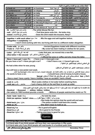 Mr. Mohammed Deushy Ata Secondary Three86
--‫استخدام‬ ‫الحظ‬‫استخدام‬ ‫الحظ‬on‫الكلم‬ ‫مع‬‫الكلم‬ ‫مع‬‫اآلتية‬ ‫والتعبيرات‬ ‫ات‬‫اآلتية‬ ‫والتعبيرات‬ ‫ات‬::
a book on ‫عن‬ ‫كتاب‬ on business ‫عملية‬ ‫مھمة‬ ‫في‬ on the internet ‫االنترنت‬ ‫علي‬
a conference on ‫عن‬ ‫مؤتمر‬ on display ‫معروض‬ on the menu ‫الطعام‬ ‫قائمة‬ ‫فى‬
a tax on ‫علي‬ ‫ضريبة‬ on duty ‫الخدمة‬ ‫في‬ on the plane ‫الطائرة‬ ‫علي‬
an effect on ‫علي‬ ‫تأثير‬ on foot ‫األقدام‬ ‫علي‬ ‫سيرا‬ on the radio ‫الراديو‬ ‫في‬
an influence on ‫علي‬ ‫تأثير‬ on his way to ‫الي‬ ‫طريقه‬ ‫في‬ on the staff ‫العاملين‬ ‫ھيئة‬ ‫ضمن‬ ‫من‬
contact him on ‫رقم‬ ‫علي‬ ‫به‬ ‫يتصل‬ on holiday/vacation ‫اجازة‬ ‫في‬ on the telephone ‫التليفون‬ ‫علي‬
information on ‫مع‬‫عن‬ ‫لومات‬ on Monday/Friday ‫االثنين‬ ‫يوم‬ ‫في‬/‫الجمعة‬ on the train ‫القطار‬ ‫علي‬
on a farm ‫مزرعة‬ ‫في‬ on purpose ‫عمدا‬ on the whole ‫عامة‬ ‫بصفة‬
on admission ‫الدخول‬ ‫عند‬ on the advice of ‫نصيحة‬ ‫علي‬ ‫بناء‬ restrictions on ‫علي‬ ‫قيود‬
- fit ‫يناسب‬)‫المقاس‬ ‫حيث‬ ‫من‬( - The white blouse fits her.
- suit ‫يناسب‬)‫الشكل‬ ‫حيث‬ ‫من‬( - That blue jeans suits him . He looks nice.
- match ‫مع‬ ‫يتماشي‬)‫لألشياء‬( - Does the shirt match the trousers, Hany?
- together = with each other ‫معا‬/‫سويا‬ - Mix the eggs and salt together before.
- Altogether = completely ‫تماما‬
- I don't mind working with him, but living with him is a different matter altogether.
- Trade with ‫مع‬ ‫يتاجر‬ - Ancient Egyptians traded with different countries.
- Trade in ‫في‬ ‫يتاجر‬)‫معينة‬ ‫سلعة‬( - My uncle has been trading in clothes for ten years.
- Later ‫بعد‬ ‫فيما‬/‫الحق‬ ‫وقت‬ ‫في‬ - Later that year, we moved into a new flat .
- (the) latter = the second )‫الشيء‬/‫الشخص‬(‫ثانيا‬ ‫المذكور‬
- I offered her juice or coffee and she chose the latter.
- Have = have got = own ‫يملك‬ - I have a car = I have got a car.
- Do you have a car? = Have you got a car? - I don't have a car. = I haven't got a car.
--‫نستخدم‬ ‫الماضي‬ ‫في‬‫نستخدم‬ ‫الماضي‬ ‫في‬had‫الملكية‬ ‫عن‬ ‫للتعبير‬‫الملكية‬ ‫عن‬ ‫للتعبير‬::
- He had a bike when he was young.
--‫نستخدم‬‫نستخدم‬will have‫للتعب‬‫للتعب‬‫في‬ ‫الملكية‬ ‫عن‬ ‫ير‬‫في‬ ‫الملكية‬ ‫عن‬ ‫ير‬‫المستقبل‬‫المستقبل‬::
- Aya will have a new jacket next week.
--‫تستخد‬‫تستخد‬‫م‬‫م‬have‫بعد‬ ‫الملكية‬ ‫عن‬ ‫للتعبير‬ ‫فقط‬‫بعد‬ ‫الملكية‬ ‫عن‬ ‫للتعبير‬ ‫فقط‬to‫مثل‬ ‫الناقصة‬ ‫واألفعال‬‫مثل‬ ‫الناقصة‬ ‫واألفعال‬must // should‫وغيرھا‬‫وغيرھا‬‫استخدام‬ ‫يمكن‬ ‫وال‬‫استخدام‬ ‫يمكن‬ ‫وال‬have got‫الشك‬ ‫بھذا‬‫الشك‬ ‫بھذا‬‫ل‬‫ل‬::
- He wants to have a car. - I should have a lot of money to build a house.
--‫أن‬ ‫الحظ‬‫أن‬ ‫الحظ‬hhaavvee‫نستخدم‬ ‫ال‬ ‫الحالة‬ ‫ھذه‬ ‫وفي‬ ‫يملك‬ ‫غير‬ ‫أخري‬ ‫بمعاني‬ ‫تستخدم‬‫نستخدم‬ ‫ال‬ ‫الحالة‬ ‫ھذه‬ ‫وفي‬ ‫يملك‬ ‫غير‬ ‫أخري‬ ‫بمعاني‬ ‫تستخدم‬hhaavvee ggoott
- Have a meal / have a party / have a holiday / have an accident / have a dream
- soak in ‫ينقــــع‬‫ينقــــع‬ - Mum soaks clothes in hot water before washing them.
- soak up‫يشـــرب‬ ‫ـ‬ ‫يمتـــص‬‫يشـــرب‬ ‫ـ‬ ‫يمتـــص‬ - I put a heavy cloth on the wet floor to soak up water.
‫مفردا‬ ‫تكون‬ ‫محدد‬ ‫عدد‬ ‫قبلھا‬ ‫جاء‬ ‫إذا‬ ‫الكلمات‬ ‫ھذه‬‫مفردا‬ ‫تكون‬ ‫محدد‬ ‫عدد‬ ‫قبلھا‬ ‫جاء‬ ‫إذا‬ ‫الكلمات‬ ‫ھذه‬‫كبير‬ ‫لكميات‬ ‫وتشير‬ ‫محدد‬ ‫عدد‬ ‫يسبقھا‬ ‫لم‬ ‫إذا‬ ‫أما‬‫كبير‬ ‫لكميات‬ ‫وتشير‬ ‫محدد‬ ‫عدد‬ ‫يسبقھا‬ ‫لم‬ ‫إذا‬ ‫أما‬‫جمعا‬ ‫تكون‬ ‫ة‬‫جمعا‬ ‫تكون‬ ‫ة‬..
- Hundred / thousand / million / billion / trillion
- Her salary is 1500 hundred pounds a month. - Millions of people watched the match on TV.
- Hold / held / held ‫يمسك‬‫يمسك‬ - He held the chair.
- Hold (an opinion / belief / view……. ) ‫يؤم‬‫يؤم‬‫ـ‬‫ـ‬‫ب‬ ‫ن‬‫ب‬ ‫ن‬‫ـ‬‫ـ‬‫رأي‬‫رأي‬//‫اعتق‬‫اعتق‬‫ـ‬‫ـ‬‫اد‬‫اد‬//‫وجھة‬‫وجھة‬‫نـظر‬‫نـظر‬
- She holds the opinion that the world will end soon.
- Hold back ‫يمن‬‫يمن‬‫ـ‬‫ـ‬‫ع‬‫ع‬//‫يع‬‫يع‬‫ـ‬‫ـ‬‫وق‬‫وق‬ - The police couldn't hold back the crowds.
- Hold up ‫يعطل‬‫يعطل‬ - She didn't mean to hold us up.
- Good at ‫جيد‬‫جيد‬‫في‬‫في‬ - He is good at English.
- Good to ‫طيب‬‫طيب‬‫مع‬‫مع‬ - He is good to his friends
- Good for ‫مفيد‬‫مفيد‬//‫لـ‬ ‫صالح‬‫لـ‬ ‫صالح‬ - Taking exercises is good for you.
Exercises
Respond the following situations :
1-A friend asks if you think people will have their own spaceships in fifty years.
2-A friend asks you if you think people will read books in a hundred years time.
 