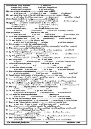 Mr. Mohammed Deushy Ata Secondary Three94
3.In the future, every new book………………as an e-book.
a) will probably publish b) will have been published
c) will probably be published d) will have published
4.Governmental organizations…………….credit cards by 2015.
a) will have used b) will have been used c) will use d) will be used
5.5n four years' time, most of the old buildings……………….by modern offices.
a) will replace b) will have been replaced c) will be replaced d) will have replaced
6.In the future, most of our energy………………..with wind power.
a) will replace b) will have been replaced c) will be replaced d) will have replaced
7.Surgeons operations by using robots in the near future.
a) will have performed b) will have been performed
c) will be performed d) will perform
8.I think most bestsel1ers…………….as e-books in the near future.
a) will read b) will have read c) will be read d) will have been read
9.The government………………..new school next year.
a) will have built b) will build c) will be built d) will have been built
10. In the near future petrol and oil………………as much as they are today.
a) won't have used b) won't use c) won't be used d) won't have been used
11. I'm sure that he …………….the mission well.
a) will be done b) will have done c) will do d) will have been done
12. This project…………..by the end of next month.
a) will complete b) will be completed c) will have been completed d) will have completed
13. The exam……………..by 3 o'clock tomorrow.
a) will be finished b) will have finished c) have been finished d) will finish
14. By the time you get home, I…………………..the house .
a) will have been cleaned b) will be cleaned c) will clean d) will have cleaned
15. By 2050, petrol cars………………….by electric cars.
a) will have replaced b) will replace c) will have been replaced d) will be replaced
16. This programme ………………………on T. V next week.
a) appears b) will be appeared c) will appear d) will have been appeared
17. Scientists should put plans……………….the future of the world.
a) at b) of c) for d) in
18. I predict that, mobile phones……………………….in Egypt in the near future.
a) will make b) will have made c) will be made d) will have been made
19. The new underground railway line ……………………by 2012.
a) will have been built _ b) will have built c) will be built d) will build
20. People expect that the price of phone calls…………………next year.
a) will reduce b) will be reduced c) will have reduced d) will have been reduced
21. I…………….my education in two years' time.
a) will be finished b) will finish c) will have finished d) will have been finished
22. By the end of this year, the government the problem of power…………shortage.
a) will have solved b) will solve c) will be solved d) a) will have been solved
23. The drug…………..be produced by the Beatrix drug company.
a) will b) was c) is d) are
24. I'm sure, more food………………to get over food crisis.
a) will produce b) may produce c) may be produced d) will be produced
25. It is expected that the government…………………..taxes again.
a) will be raised b) will have raised c) will raise d) will be raising
26. By the time you receive this letter, I…………………………………my final exams.
a) will have been finishing b) will have finished c) win be finished d) will be fini5hing
27. The money, I'll borrow from the bank,……………….in three months' time.
a) must repay b) must be repaid c) will have been repaid d) win repay
28. The author……………..his political book by the end of the week.
a) will have been published b) will have published c) will be published d) will publish
29. I………………….this essay in two hours' time.
a) will write b) will have written c) written d) will have been written
30. Grapes………………by the end of July.
a) will have been harvested b) will harvest c) will have harvested d) will be harvested
31. The new underground railway line by 2018.
a) win build b) will be built c) will have built d) win have been built
 