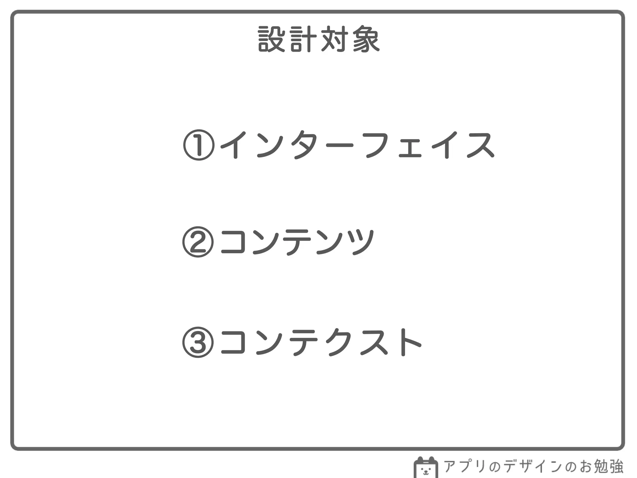 設計対象
①インターフェイス
②コンテンツ
③コンテクスト
 