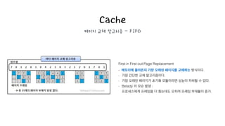 Cache
페이지 교체 알고리즘 - FIFO
First-in First-out Page Replacement
- 메모리에 올라온지 가장 오래된 페이지를 교체하는 방식이다.
- 가장 간단한 교체 알고리즘이다.
- 가장 오래된 페이지가 초기화 모듈이라면 성능이 저하될 수 있다.
- Belady 의 모순 발생 :  
프로세스에게 프레임을 더 줬는데도 오히려 프레임 부재율이 증가.
 