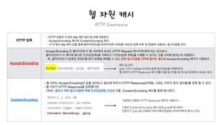 웹 자원 캐시
HTTP 압축
Accept-Encoding
Content-Encoding
헤더 값 의미 :
gzip 그리고 deﬂate 인코딩 (압축 알고리즘)을 이해하므로 ,
웹 서버가 HTTP Response 메시지를 이들 알고리즘 중 하나로 압축해서 보내도 된다.
Accept-Encoding 은 클라이언트가 웹 서버에게 보내는 HTTP Request 메시지에 명세 하는 값으로서, 
클라이언트가 이 헤더에 명시된 인코딩(압축)을 이해하고 디코딩(압축 해제)을 수행할 수 있다는 것을 서버에 알리는데 사용한다. 
- 즉, 클라이언트가 압축된 컨텐츠를 받아 압축을 해제할 수 있는 압축 알고리즘을 서버에 알리는 용도로 Accept-Encoding 헤더가 사용된다.
- 웹 서버는 Accept-Encoding의 값을 살펴보고 필요에 따라서 HTTP Response(HTML, CSS, 이미지 등의 결과물)를 압축 할 수 있다.  
- 웹 서버가 HTTP Response를 압축했다면, 
서버는 결과가 어떤 알고리즘에 의해 인코딩(압축) 되었는가를 Content-Encoding 헤더를 통해 명시한다.
구글에서 반환한 HTTP Response 헤더의 내용이다.
!
구글은 Content-Encoding 헤더 값에 gzip에 명시하여,
컨텐츠가 gzip 알고리즘에 의해 압축되었음을 브라우저에게 알리고 있다.
- HTTP 압축은 두개의 http 헤더 필드에 의해 작동한다. 
- Accept-Encoding 헤더와 Content-Encoding 헤더. 
- 이 두개의 http 헤더 값을 통해 클라이언트(웹 브라우저)와 서버(웹 서버)의 압축 여부 및 압축에 사용되는 알고리즘을 판단.
 