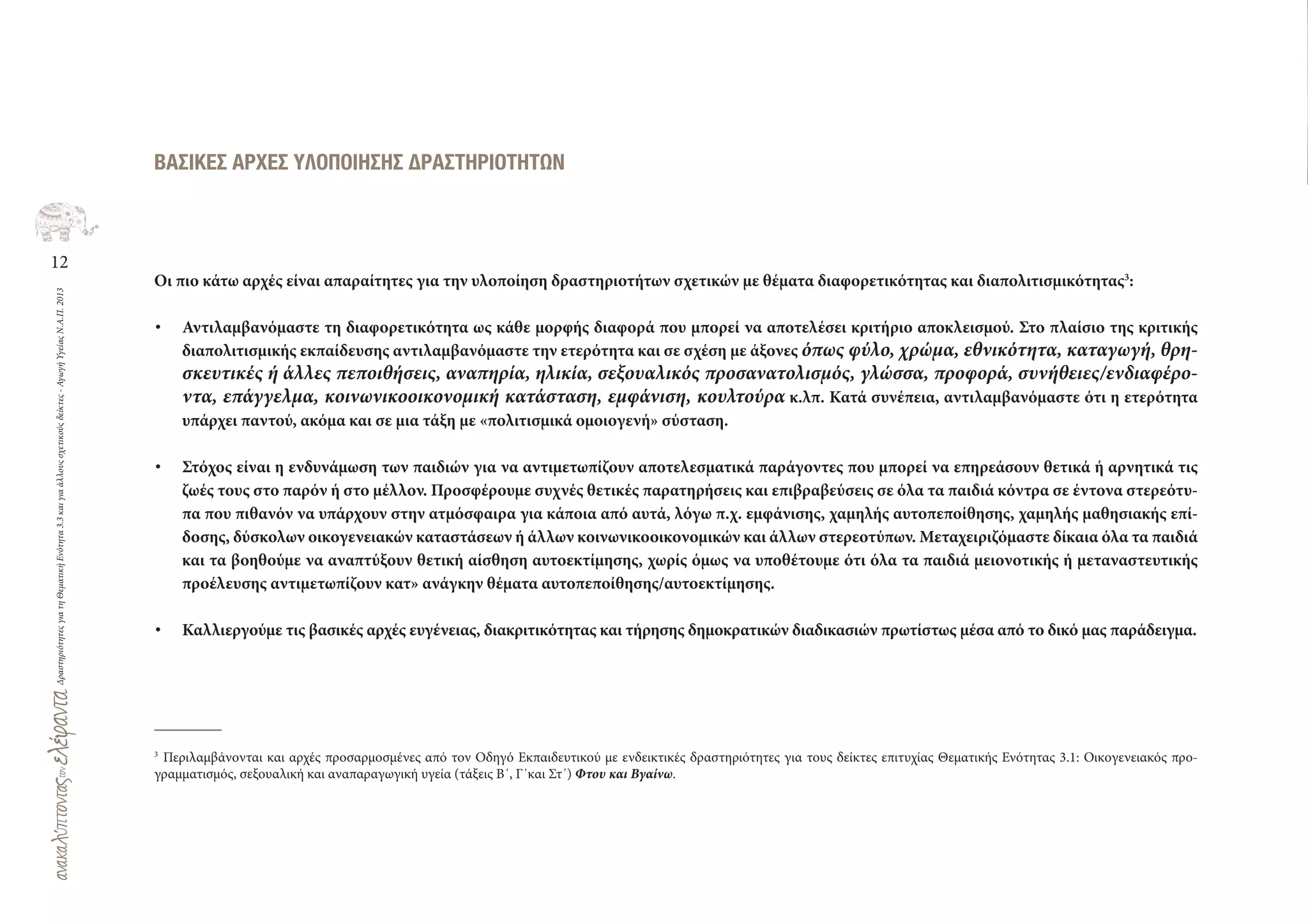 12
ΔραστηριότητεςγιατηΘεματικήΕνότητα3.3καιγιαάλλουςσχετικούςδείκτες-ΑγωγήΥγείαςΝ.Α.Π.2013
ΒΑΣΙΚΕΣ ΑΡΧΕΣ ΥΛΟΠΟΙΗΣΗΣ ∆ΡΑΣΤΗΡΙΟΤΗΤΩΝ
Οι πιο κάτω αρχές είναι απαραίτητες για την υλοποίηση δραστηριοτήτων σχετικών με θέματα διαφορετικότητας και διαπολιτισμικότητας3
:
• Αντιλαμβανόμαστε τη διαφορετικότητα ως κάθε μορφής διαφορά που μπορεί να αποτελέσει κριτήριο αποκλεισμού. Στο πλαίσιο της κριτικής
διαπολιτισμικής εκπαίδευσης αντιλαμβανόμαστε την ετερότητα και σε σχέση με άξονες όπως φύλο, χρώμα, εθνικότητα, καταγωγή, θρη-
σκευτικές ή άλλες πεποιθήσεις, αναπηρία, ηλικία, σεξουαλικός προσανατολισμός, γλώσσα, προφορά, συνήθειες/ενδιαφέρο-
ντα, επάγγελμα, κοινωνικοοικονομική κατάσταση, εμφάνιση, κουλτούρα κ.λπ. Κατά συνέπεια, αντιλαμβανόμαστε ότι η ετερότητα
υπάρχει παντού, ακόμα και σε μια τάξη με «πολιτισμικά ομοιογενή» σύσταση.
• Στόχος είναι η ενδυνάμωση των παιδιών για να αντιμετωπίζουν αποτελεσματικά παράγοντες που μπορεί να επηρεάσουν θετικά ή αρνητικά τις
ζωές τους στο παρόν ή στο μέλλον. Προσφέρουμε συχνές θετικές παρατηρήσεις και επιβραβεύσεις σε όλα τα παιδιά κόντρα σε έντονα στερεότυ-
πα που πιθανόν να υπάρχουν στην ατμόσφαιρα για κάποια από αυτά, λόγω π.χ. εμφάνισης, χαμηλής αυτοπεποίθησης, χαμηλής μαθησιακής επί-
δοσης, δύσκολων οικογενειακών καταστάσεων ή άλλων κοινωνικοοικονομικών και άλλων στερεοτύπων. Μεταχειριζόμαστε δίκαια όλα τα παιδιά
και τα βοηθούμε να αναπτύξουν θετική αίσθηση αυτοεκτίμησης, χωρίς όμως να υποθέτουμε ότι όλα τα παιδιά μειονοτικής ή μεταναστευτικής
προέλευσης αντιμετωπίζουν κατ» ανάγκην θέματα αυτοπεποίθησης/αυτοεκτίμησης.
• Καλλιεργούμε τις βασικές αρχές ευγένειας, διακριτικότητας και τήρησης δημοκρατικών διαδικασιών πρωτίστως μέσα από το δικό μας παράδειγμα.
3
Περιλαμβάνονται και αρχές προσαρμοσμένες από τον Οδηγό Εκπαιδευτικού με ενδεικτικές δραστηριότητες για τους δείκτες επιτυχίας Θεματικής Ενότητας 3.1: Οικογενειακός προ-
γραμματισμός, σεξουαλική και αναπαραγωγική υγεία (τάξεις Β΄, Γ΄και Στ΄) Φτου και Βγαίνω.
 