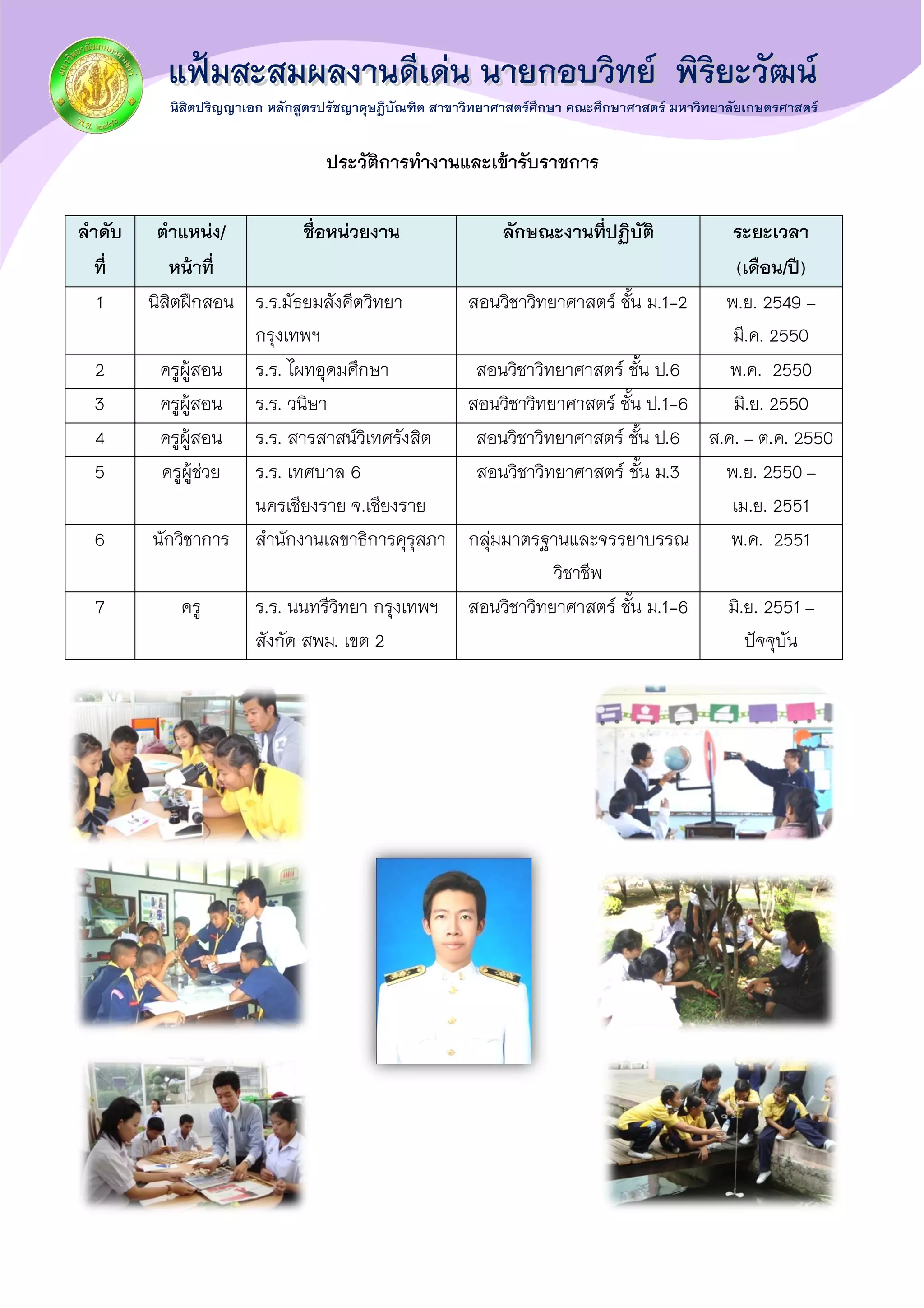 ประวัติการทางานและเข้ารับราชการ
ลาดับ
ที่
ตาแหน่ง/
หน้าที่
ชื่อหน่วยงาน ลักษณะงานที่ปฏิบัติ ระยะเวลา
(เดือน/ปี)
1 นิสิตฝึกสอน ร.ร.มัธยมสังคีตวิทยา
กรุงเทพฯ
สอนวิชาวิทยาศาสตร์ ชั้น ม.1-2 พ.ย. 2549 –
มี.ค. 2550
2 ครูผู้สอน ร.ร. ไผทอุดมศึกษา สอนวิชาวิทยาศาสตร์ ชั้น ป.6 พ.ค. 2550
3 ครูผู้สอน ร.ร. วนิษา สอนวิชาวิทยาศาสตร์ ชั้น ป.1-6 มิ.ย. 2550
4 ครูผู้สอน ร.ร. สารสาสน์วิเทศรังสิต สอนวิชาวิทยาศาสตร์ ชั้น ป.6 ส.ค. – ต.ค. 2550
5 ครูผู้ช่วย ร.ร. เทศบาล 6
นครเชียงราย จ.เชียงราย
สอนวิชาวิทยาศาสตร์ ชั้น ม.3 พ.ย. 2550 –
เม.ย. 2551
6 นักวิชาการ สานักงานเลขาธิการคุรุสภา กลุ่มมาตรฐานและจรรยาบรรณ
วิชาชีพ
พ.ค. 2551
7 ครู ร.ร. นนทรีวิทยา กรุงเทพฯ
สังกัด สพม. เขต 2
สอนวิชาวิทยาศาสตร์ ชั้น ม.1-6 มิ.ย. 2551 –
ปัจจุบัน
 