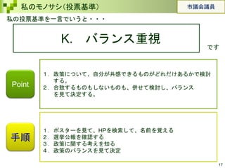 17
私のモノサシ（投票基準）
私の投票基準を一言でいうと・・・
K. バランス重視
です
手順
１．政策について、自分が共感できるものがどれだけあるかで検討
する。
２．合致するものもしないものも、併せて検討し、バランス
を見て決定する。
１．ポスターを見て、HPを検索して、名前を覚える
２．選挙公報を確認する
３．政策に関する考えを知る
４．政策のバランスを見て決定
Point
市議会議員
 