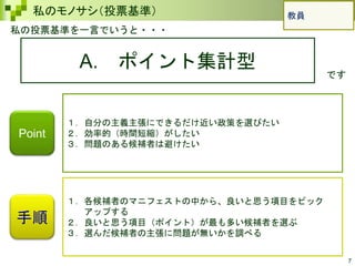 7
私のモノサシ（投票基準）
私の投票基準を一言でいうと・・・
A. ポイント集計型
です
手順
１．自分の主義主張にできるだけ近い政策を選びたい
２．効率的（時間短縮）がしたい
３．問題のある候補者は避けたい
１．各候補者のマニフェストの中から、良いと思う項目をピック
アップする
２．良いと思う項目（ポイント）が最も多い候補者を選ぶ
３．選んだ候補者の主張に問題が無いかを調べる
Point
教員
 