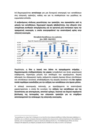 in)1,δημιουργούνται αντικίνητρα για μια δυναμική επιστροφή των καταθέσεων
στις ελληνικές τράπεζες, καθώς και για τη σταθερότητα του μεγέθους σε
ευρωπαϊκό επίπεδο.
Ο αυξανόμενος κίνδυνος ρευστότητας των τραπεζών, που προκαλείται από τη
μείωση των καταθέσεων, δημιουργεί ισχυρές αβεβαιότητες, που οδηγούν στην
επικράτηση συνθηκών απομόχλευσης και σε αρνητική ροή πιστώσεων προς την
πραγματική οικονομία, η οποία ανατροφοδοτεί την αναπτυξιακή κρίση στην
ελληνική οικονομία.
Παράλληλα, η ίδια η λογική που διέπει τα προγράμματα στήριξης -
δημοσιονομικής σταθεροποίησης της χώρας (υπερβολική και άνιση φορολογική
επιβάρυνση, περαιτέρω μείωση των αποδοχών των εργαζομένων, δομική
αδυναμία του εξαγωγικού τομέα, ασήμαντες εισροές άμεσων ξένων επενδύσεων
και επενδύσεων συνολικά, αποδιάρθρωση της αγοράς ακινήτων κτλ) δεν αφήνει
πολλά περιθώρια αισιοδοξίας για την αύξηση των καταθέσεων στο άμεσο μέλλον.
Η αλλαγή οικονομικής πολιτικής, με προεξάρχοντα τα αναπτυξιακά
χαρακτηριστικά, η οποία θα ευνοήσει την αύξηση των καταθέσεων και της
δυνατότητας για αποταμίευση, αποτελεί κρίσιμο, ποιοτικό και δομικό παράγοντα
βελτίωσης της λειτουργίας των ελληνικών τραπεζών για να στηρίξουν
αποτελεσματικά την ανάκαμψη της ελληνικής οικονομίας.
1
Διευκρινίζουμε ότι ο όρος 'bail-in' (διάσωση εκ των έσω) δεν είναι κούρεμα καταθέσεων ή άλλων δανειακών κεφαλαίων: οι
καταθέσεις και οι υπόλοιπες κατηγορίες δανειακών κεφαλαίων δεν απομειώνονται, αλλά μετατρέπονται σε ίδια κεφάλαια της
τράπεζας, ώστε να απορροφηθούν οι ζημίες σε περίπτωση αφερεγγυότητάς της. Στην Ελλάδασήμερα (2015), ένα τέτοιο
ενδεχόμενο θα αφορούσε μια ελάχιστη μειοψηφία ιδιωτών καταθετών (της τάξης του 0,5% ή και λιγότερο).
12,74%
17,01%
11,77%
-11,36%
-39,60%
-13,13%
27,29%
31,85%
-18,76%
29,25%
24,20%
10,73%
0,24%
-50,00%
-40,00%
-30,00%
-20,00%
-10,00%
0,00%
10,00%
20,00%
30,00%
40,00%
Μεταβολή Καταθέσεων στις τράπεζες
Δεκ. 2009 - Φεβ 2015
Πηγή: ΕΚΤ, Deposits Other general government/other euro area residents
 