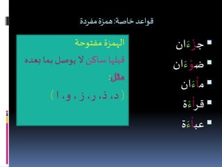 ‫خاصة‬‫قواعد‬:‫مفردة‬‫همزة‬
‫ج‬‫ز‬‫ء‬‫ان‬
‫ض‬‫و‬‫ء‬‫ان‬
‫م‬‫ا‬‫ء‬‫ان‬
‫قر‬‫ا‬‫ء‬‫ة‬
‫عب‬‫ا‬‫ء‬‫ة‬
 