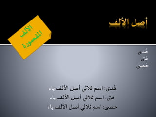 ‫د‬ ُ‫ه‬‫ى‬
‫فت‬‫ى‬
‫ص‬‫ح‬‫ى‬
‫دى‬ ُ‫ه‬:‫األلف‬ ‫أصل‬ ‫ثالثي‬‫اسم‬‫ياء‬
‫فتى‬:‫األلف‬ ‫أصل‬ ‫ثالثي‬‫اسم‬‫ياء‬
‫ى‬ ‫حص‬:‫األلف‬‫أصل‬ ‫ثالثي‬‫اسم‬‫ياء‬
 