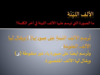 ‫ا‬
.
‫غير‬‫ياء‬ ‫ة‬‫ر‬‫صو‬ ‫على‬‫ا‬ً‫أيض‬‫رسم‬
ُ
‫وت‬‫منقوطة‬(‫ى‬)
‫ة‬‫ر‬‫املقصو‬‫األلف‬‫لها‬‫ويقال‬.
‫آخر‬ ‫في‬ ‫اللينة‬ ‫األلف‬ ‫عليها‬ ‫ترسم‬ ‫التي‬ ‫ة‬‫ر‬‫الصو‬ ‫ما‬‫الكلمة؟‬
 