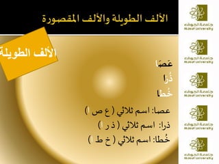 َ‫ص‬َ‫ع‬‫ا‬
َ‫ر‬
ُ
‫ذ‬‫ا‬
‫ط‬
ُ
‫خ‬‫ا‬
‫عصا‬:‫اسم‬‫ثالثي‬(‫ص‬ ‫ع‬‫ا‬)
‫ا‬‫ر‬‫ذ‬:‫اسم‬‫ثالثي‬(‫ر‬ ‫ذ‬‫ا‬)
‫طا‬
ُ
‫خ‬:‫اسم‬‫ثالثي‬(‫ط‬ ‫خ‬‫ا‬)
‫الطويلة‬ ‫األلف‬
 
