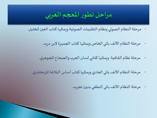 •‫الصوتية‬‫التقليبات‬ ‫ونظام‬ ‫الصوتي‬‫النظام‬‫مرحلة‬.‫للخل‬ ‫العين‬ ‫كتاب‬ ‫ويمثلها‬‫يل‬.
•‫الخاص‬ ‫بائي‬ ‫األلف‬ ‫النظام‬‫مرحلة‬.‫يد‬‫ر‬‫د‬‫البن‬‫الجمهرة‬ ‫كتاب‬ ‫ويمثلها‬.
•‫نظام‬‫مرحلة‬‫القافية‬.‫ي‬‫للجوهر‬ ‫والصحاح‬‫العرب‬ ‫لسان‬ ‫كتابي‬ ‫ويمثلها‬.
•‫العادي‬ ‫بائي‬ ‫األلف‬ ‫النظام‬‫مرحلة‬.‫ي‬‫للزمخشر‬‫البالغة‬ ‫أساس‬‫كتاب‬‫ويمثلها‬
•‫تجريد‬ ‫ن‬‫بدو‬ ‫النطقي‬ ‫بائي‬ ‫األلف‬ ‫النظام‬‫مرحلة‬.
 