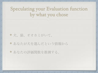 Speculating your Evaluation function
by what you chose
犬、猫、オオカミがいて、
あなたが犬を選んだという情報から
あなたの評価関数を推測する。
 