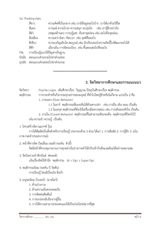 วิชาการศึกษา .................. Rin…Ksr หน้า 9
Six Thinking Hats
สีขาว ความคิดที่เป็นกลาง เช่น เรามีข้อมูลอะไรบ้าง เราได้มาด้วยวิธีใด
สีแดง อารมณ์ ความโกรธ ความสนุก อบอุ่นใจ เช่น เรารู้สึกอย่างไร
สีดา เหตุผลด้านลบ การปฏิเสธ ค้นหาจุดอ่อน เช่น อะไรคือจุดอ่อน
สีเหลือง ความสว่างไสว คิดบวก เช่น จุดดีคืออะไร
สีเขียว ความเจริญเติบโต สมบูรณ์ เช่น นักเรียนจะนาความคิดนี้ไปพัฒนาอะไรได้
สีฟ้า เยือกเย็น การจัดระเบียบ เช่น ขั้นตอนต่อไปคืออะไร
PBL การเรียนรู้แบบใช้ปัญหาเป็นฐาน
นิรมัย สอนแบบส่วนรวมไปหาส่วนย่อย
อุปมัย สอนแบบส่วนย่อยไปหาส่วนรวม
********************************************
3. จิตวิทยาการศึกษาและการแนะแนว
จิตวิทยา Psyche Logos เดิมศึกษาเรื่อง วิญญาณ ปัจจุบันศึกษาเรื่อง พฤติกรรม
พฤติกรรม การกระทาหรือกิจกรรมทุกอย่างของมนุษย์ ที่ทาไปโดยรู้ตัวหรือไม่ก็ตาม แบ่งเป็น 2 คือ
1. ภายนอก (Over Behavior)
1.1 โมลาร์ พฤติกรรมที่มองเห็นได้ด้วยตาเปล่า เช่น การยืน เดิน นอน เป็นต้น
1.2 โมเลกุล พฤติกรรมที่ต้องใช้เครื่องมือตรวจสอบ เช่น การเต้นของหัวใจ เป็นต้น
2. ภายใน (Covert Behavior) พฤติกรรมที่ไม่สามารถสังเกตเห็น พฤติกรรมที่ปิดบังไว้
เช่น ความจา ความรู้ เป็นต้น
1. โครงสร้างจิต (แมกกซ์ วุ้น)
การได้สัมผัสเป็นสิ่งสาหรับการเรียนรู้ ประกอบด้วย 3 ส่วน ได้แก่ 1. การสัมผัส 2. การรู้สึก 3. มโน
ภาพ (จดจาประสบการณ์)
2. หน้าที่ทางจิต (วิลเลี่ยม เจมส์) (จอห์น ดิวอี้)
จิตมีหน้าที่ควบคุมกระวนการทุกอย่างในร่างกายทาให้ปรับเข้ากับสิ่งแวดล้อมได้อย่างเหมาะสม
3. จิตวิเคราะห์ (ซิกมันด์ ฟรอยด์)
เน้นเรื่องจิตไร้สานึก พฤติกรรม Id > Ego > Super Ego
4. พฤติกรรมนิยม (จอห์น บี วัตสัน)
การเรียนรู้ โดยมีเงื่อนไข สิ่งเร้า
5. มนุษยนิยม (โรเจอร์) (มาสโลว์)
1. ด้านร่างกาย
2. ด้านความมั่นคงปลอดภัย
3. การติดต่อสัมพันธ์
4. การยกย่องนับถือจากผู้อื่น
5. การใช้ความสามารถของตนเองให้เป็นประโยชน์มากที่สุด
 