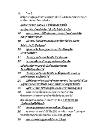17. โจทย์
ถ้าผู้บริหารรู้อยู่แก่ใจว่ารับครูอัตราจ้างที่ไม่มีใบอนุญาตประกอบวิ
ชาชีพมาสอนจะมีความผิดคือ
ผู้บริหาร จาคุกไม่เกิน 3 ปี ปรับไม่เกิน 6 หมื่อ
ครูอัตราจ้าง จาคุกไม่เกิน 1 ปี ปรับไม่เกิน 2 หมื่น
18. คณะกรรมการที่เป็นประธานกรรมการโดยตาแหน่งคือ
คณะกรรมการ สกสค
19. ผู้จะของใบอนุญาตประกอบวิชาชีพครูได้ต้องมีอายุ
ไม่ตากว่า 20 ปี บริบูรณ์
20. ผู้ลงนามในใบอนุญาตประกอบวิชาชีพครูคือ
ประธานคุรุสภา
21. ใบอนุญาตประกอบวิชาชีพ มี 4 ประเภท
22. หากถูกเพิกถอนใบอนุญาตประกอบวิชาชีพ
แล้วต้องพ้นกาหนด 5 ปี นับตั้งแต่วันเพิกถอน
จึงจะมีสิทธิของใหม่ได้
23. ใบอนุญาตประกอบวิชาชีพ จะสิ้นสุดลงเมื่อ หมดอายุ
ถูกสั่งเพิกถอน ถูกสั่งเพิกใช้
24. ผู้ที่มีอานาจพิจารณาว่าข้าราชการครูคนใดจะถูกพักใช้ใบอ
นุญาตประกอบวิชาชีพคือ คณะกรรมการมาตรฐานวิชาชีพ
25. ผู้มีอานาจพักใช้ใบอนุญาตประกอบวิชาชีพคือ คุรุสภา
26. กรณีร้องขอเพื่อต่อใบอนุญาตประกอบวิชาชีพ
ซึ่งคณะกรรมการมาตรฐานวิชาชีพไม่ต่ออนุญาตให้
สามารถอุทธรณ์ต่อคณะกรรมการคุรุสภา ภายใน 30 วัน
นับตั้งแต่วันที่ได้รับแจ้ง
27. สภาครูและบุคลากรทางการศึกษา คือ คุรุสภา
28. คณะกรรมการต่อไปนี้เป็นผู้มีอานาจในการออกใบอนุญาต
พักใช้ใบอนุญาต และเพิกถอนใบอนุญาต คุรุสภา
29. คณะกรรมการคุรุสภา มีจานวน 39 คน
 