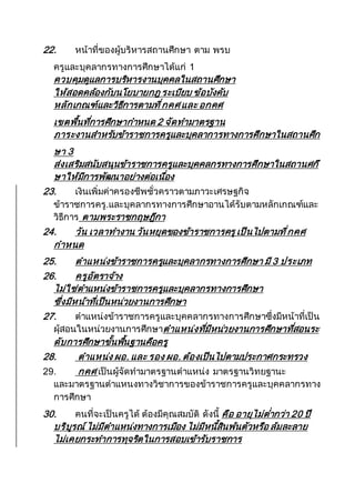 22. หน้าที่ของผู้บริหารสถานศึกษา ตาม พรบ
ครูและบุคลากรทางการศึกษาได้แก่ 1
ควบคุมดูแลการบริหารงานบุคคลในสถานศึกษา
ให้สอดคล้องกับนโยบายกฎ ระเบียบ ข้อบังคับ
หลักเกณฑ์และวิธีการตามที่กคศ และ อกคศ
เขตพื้นที่การศึกษากาหนด 2 จัดทามาตรฐาน
ภาระงานสาหรับข้าราชการครูและบุคลาการทางการศึกษาในสถานศึก
ษา 3
ส่งเสริมสนับสนุนข้าราชการครูและบุคคลกรทางการศึกษาในสถานศกึ
ษาให้มีการพัฒนาอย่างต่อเนื่อง
23. เงินเพิ่มค่าครองชีพชั่วคราวตามภาวะเศรษฐกิจ
ข้าราชการครู.และบุคลากรทางการศึกษาอานได้รับตามหลักเกณฑ์และ
วิธีการ ตามพระราชกฤษฎีกา
24. วัน เวลาทางาน วันหยุดของข้าราชการครูเป็นไปตามที่กคศ
กาหนด
25. ตาแหน่งข้าราชการครูและบุคลากรทางการศึกษา มี 3 ประเภท
26. ครูอัตราจ้าง
ไม่ใช่ตาแหน่งข้าราชการครูและบุคลากรทางการศึกษา
ซึ่งมีหน้าที่เป็นหน่วยงานการศึกษา
27. ตาแหน่งข้าราชการครูและบุคคลากรทางการศึกษาซึ่งมีหน้าที่เป็น
ผุ้สอนในหน่วยงานการศึกษาตาแหน่งที่มีหน่วยงานการศึกษาที่สอนระ
ดับการศึกษาขั้นพื้นฐานคือครู
28. ตาแหน่ง ผอ. และ รอง ผอ. ต้องเป็นไปตามประกาศกระทรวง
29. กคศ เป็นผู้จัดทามาตรฐานตาแหน่ง มาตรฐานวิทยฐานะ
และมาตรฐานตาแหนงทางวิชาการของข้าราชการครูและบุคคลากรทาง
การศึกษา
30. คนที่จะเป็นครูได้ ต้องมีคุณสมบัติ ดังนี้ คือ อายุไม่ต่ากว่า 20 ปี
บริบูรณ์ไม่มีตาแหน่งทางการเมือง ไม่มีหนี้สินพ้นตัวหรือ ล้มละลาย
ไม่เคยกระทาการทุจริตในการสอบเข้ารับราชการ
 
