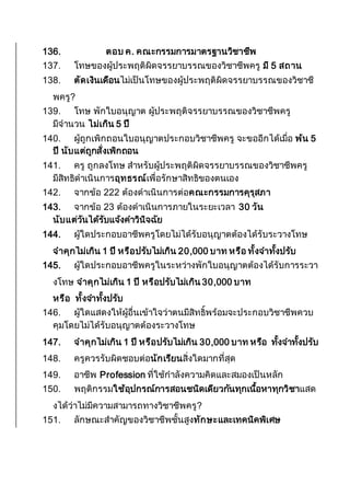 136. ตอบ ค. คณะกรรมการมาตรฐานวิชาชีพ
137. โทษของผู้ประพฤติผิดจรรยาบรรณของวิชาชีพครู มี 5 สถาน
138. ตัดเงินเดือนไม่เป็นโทษของผู้ประพฤติผิดจรรยาบรรณของวิชาชี
พครู?
139. โทษ พักใบอนุญาต ผู้ประพฤติจรรยาบรรณของวิชาชีพครู
มีจานวน ไม่เกิน 5 ปี
140. ผู้ถูกเพิกถอนใบอนุญาตประกอบวิชาชีพครู จะขออีกได้เมื่อ พ้น 5
ปี นับแต่ถูกสั่งเพิกถอน
141. ครู ถูกลงโทษ สาหรับผู้ประพฤติผิดจรรยาบรรณของวิชาชีพครู
มีสิทธิดาเนินการอุทธรณ์เพื่อรักษาสิทธิของตนเอง
142. จากข้อ 222 ต้องดาเนินการต่อคณะกรรมการคุรุสภา
143. จากข้อ 23 ต้องดาเนินการภายในระยะเวลา 30 วัน
นับแต่วันได้รับแจ้งคาวินิจฉัย
144. ผู้ใดประกอบอาชีพครูโดยไม่ได้รับอนุญาตต้องได้รับระวางโทษ
จาคุกไม่เกิน 1 ปี หรือปรับไม่เกิน 20,000 บาท หรือ ทั้งจาทั้งปรับ
145. ผู้ใดประกอบอาชีพครูในระหว่างพักใบอนุญาตต้องได้รับการระวา
งโทษ จาคุกไม่เกิน 1 ปี หรือปรับไม่เกิน 30,000 บาท
หรือ ทั้งจาทั้งปรับ
146. ผู้ใดแสดงให้ผู้อื่นเข้าใจว่าตนมีสิทธิ์พร้อมจะประกอบวิชาชีพควบ
คุมโดยไม่ได้รับอนุญาตต้องระวางโทษ
147. จาคุกไม่เกิน 1 ปี หรือปรับไม่เกิน 30,000 บาท หรือ ทั้งจาทั้งปรับ
148. ครูควรรับผิดชอบต่อนักเรียนสิ่งใดมากที่สุด
149. อาชีพ Profession ที่ใช้กาลังความคิดและสมองเป็นหลัก
150. พฤติกรรมใช้อุปกรณ์การสอนชนิดเดียวกันทุกเนื้อหาทุกวิชาแสด
งได้ว่าไม่มีความสามารถทางวิชาชีพครู?
151. ลักษณะสาคัญของวิชาชีพชั้นสูงทักษะและเทคนิคพิเศษ
 