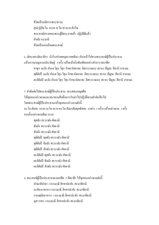 ข้าพเจ้านมัสการพระธรรม
สุปะฏิปันโน ภะคะวะโต สาวะกะสังโฆ
พระสงฆ์สาวกของพระผู้มีพระภาคเจ้า ปฏิบัติดีแล้ว
สังฆัง นะมามิ
ข้าพเจ้านอบน้อมพระสงฆ์
6. มัคนายก/มัคนายิกา นั่งในท่าเทพบุตร/เทพธิดา หันหน้าไปทางพระสงฆ์ผู้เป็นประธาน
แล้วกราบเบญจางคประดิษฐ์ 3ครั้ง เสร็จแล้วนั่งพับเพียบกล่าวคาอาราธนาศีล
สาธุฯ มะยัง ภันเตวิสุง วิสุง รักขะนัตถายะ ติสะระเณนะ สะหะ ปัญจะ สีลานิ ยาจามะ
ทุติยัมปิ มะยัง ภันเตวิสุง วิสุง รักขะนัตถายะ ติสะระเณนะ สะหะ ปัญจะ สีลานิ ยาจามะ
ตะติยัมปิ มะยัง ภันเต วิสุง วิสุง รักขะนัตถายะ ติสะระเณนะ สะหะ ปัญจะ สีลานิ ยาจามะ
7. ลาดับต่อไปพระสงฆ์ผู้เป็นประธาน จะแสดงเบญจศีล
ให้ทุกคนกล่าวตามและสมาทานศีลคือการรับนาไปปฏิบัติตามลาดับสืบไป
โดยพระสงฆ์ผู้เป็นประธานแล้วทุกคนกล่าวตามดังนี้
นะโมตัสสะ ภะคะวะโต อะระหะโต สัมมาสัมพุทธัสสะ (กล่าว 3 ครั้ง) แล้วกล่าวตาม 3ครั้ง
จากนั้นกล่าวตามทีละวรรค
พุทธัง สะระณัง คัจฉามิ
ธัมมัง สะระณัง คัจฉามิ
สังฆัง สะระณัง คัจฉามิ
ทุติยัมปิ พุทธัง สะระณัง คัจฉามิ
ทุติยัมปิ ธัมมัง สะระณัง คัจฉามิ
ทุติยัมปิ สังฆัง สะระณัง คัจฉามิ
ตะติยัมปิ พุทธัง สะระณัง คัจฉามิ
ตะติยัมปิ ธัมมัง สะระณัง คัจฉามิ
ตะติยัมปิ สังฆัง สะระณัง คัจฉามิ
8. พระสงฆ์ผู้เป็นประธานจะบอกศีล 5 ทีละข้อ ให้ทุกคนกล่าวตามดังนี้
ปาณาติปาตา เวระมะณี สิกขาปะทัง สะมาทิยามิ
อะทินนาทานา เวระมะณี สิกขาปะทัง สะมาทิยามิ
กาเมสุมิจฉาจารา เวระมะณี สิกขาปะทัง สะมาทิยามิ
มุสาวาทา เวระมะณี สิกขาปะทัง สะมาทิยามิ
 